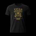 Black crewneck tee with gold graphic: lion crest, crossed belts, and "TITAN WRESTLING CHAMPION 1940" text.