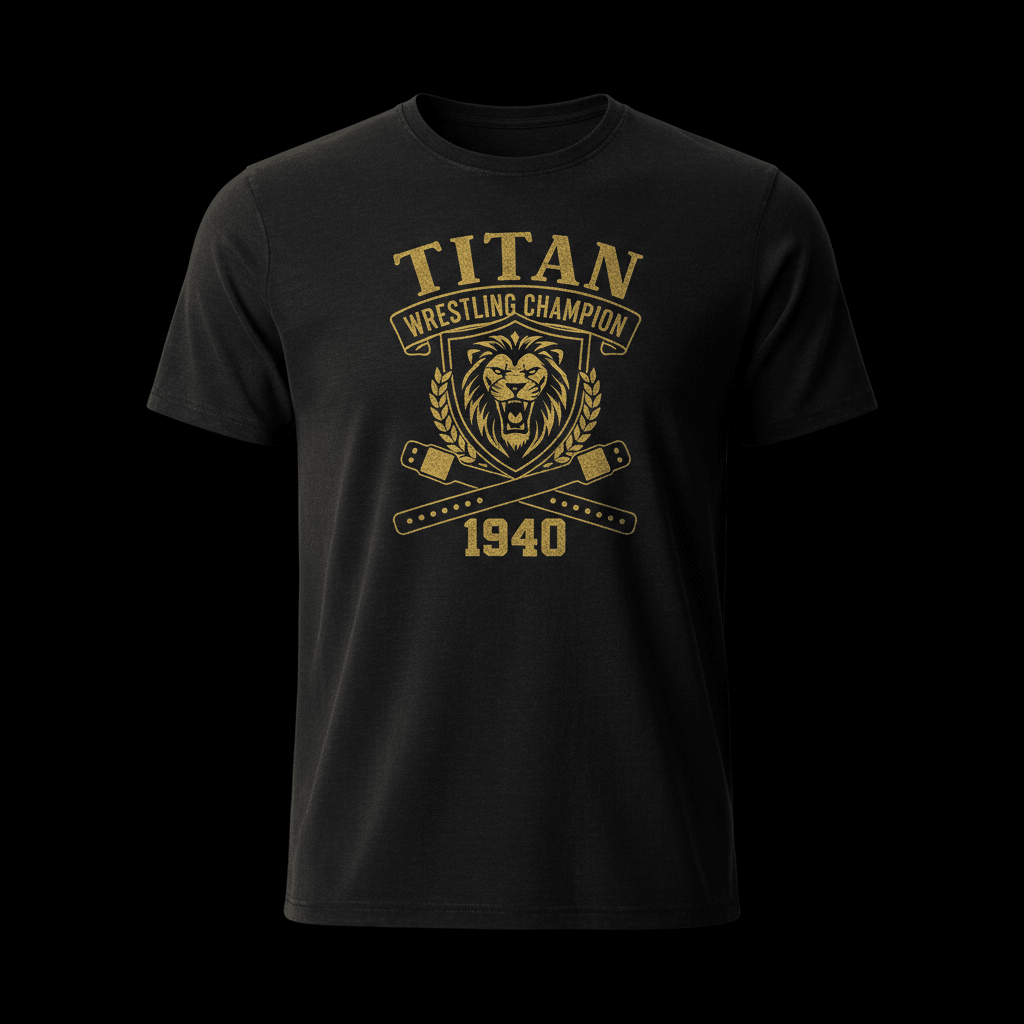 Black crewneck tee with gold graphic: lion crest, crossed belts, and "TITAN WRESTLING CHAMPION 1940" text.