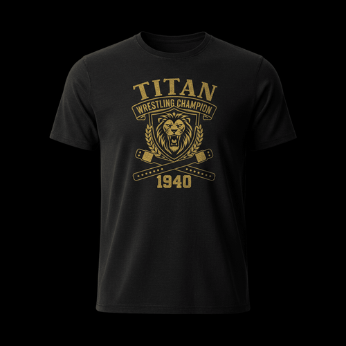 Black crewneck tee with gold graphic: lion crest, crossed belts, and "TITAN WRESTLING CHAMPION 1940" text.