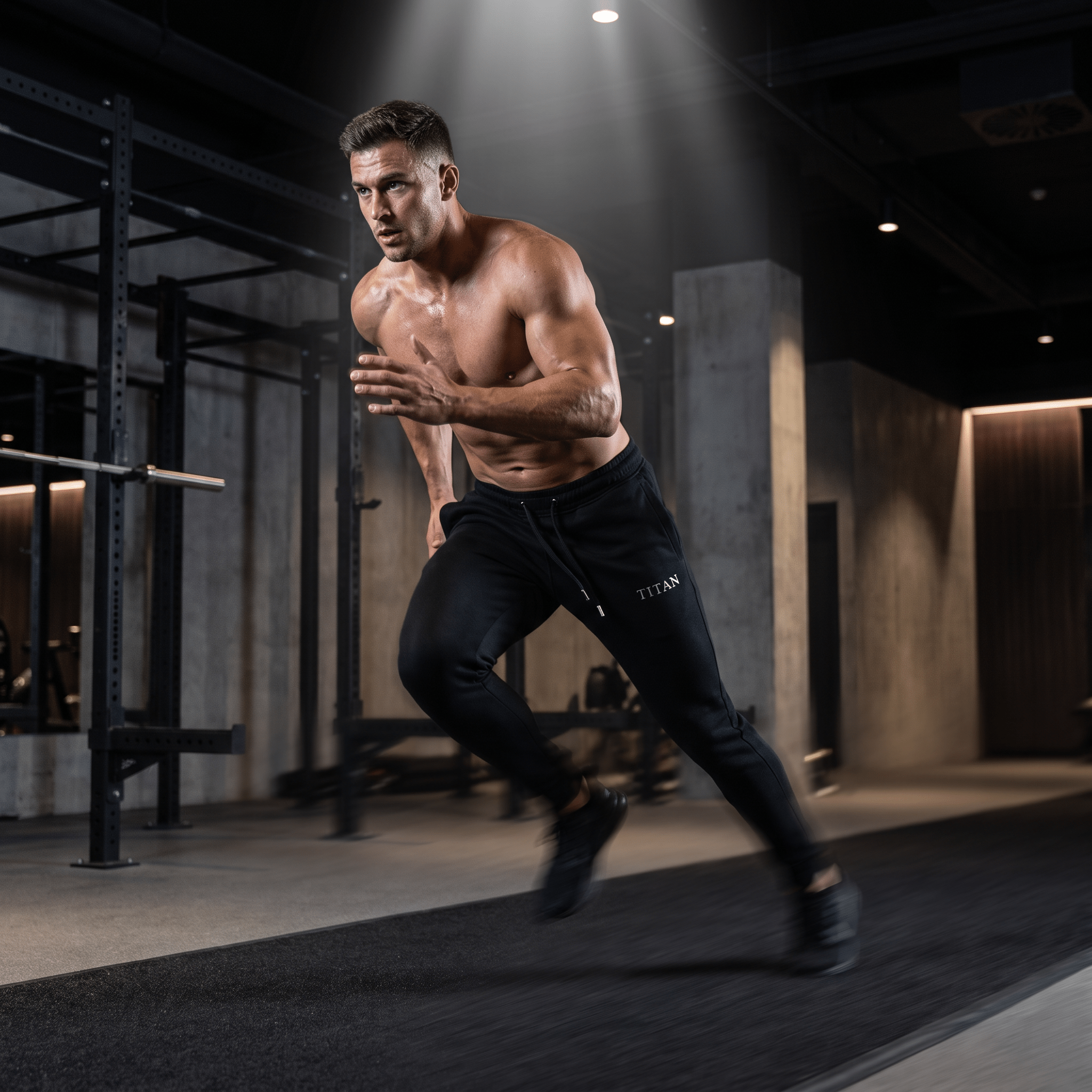 Shirtless male athlete sprinting in a gym wearing TITAN black slim-fit fleece joggers.