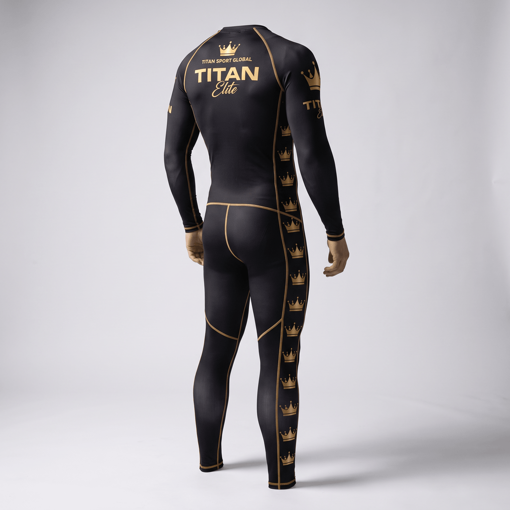 Rear view of a black and gold full-body compression suit with Titan Elite branding and crown patterns.