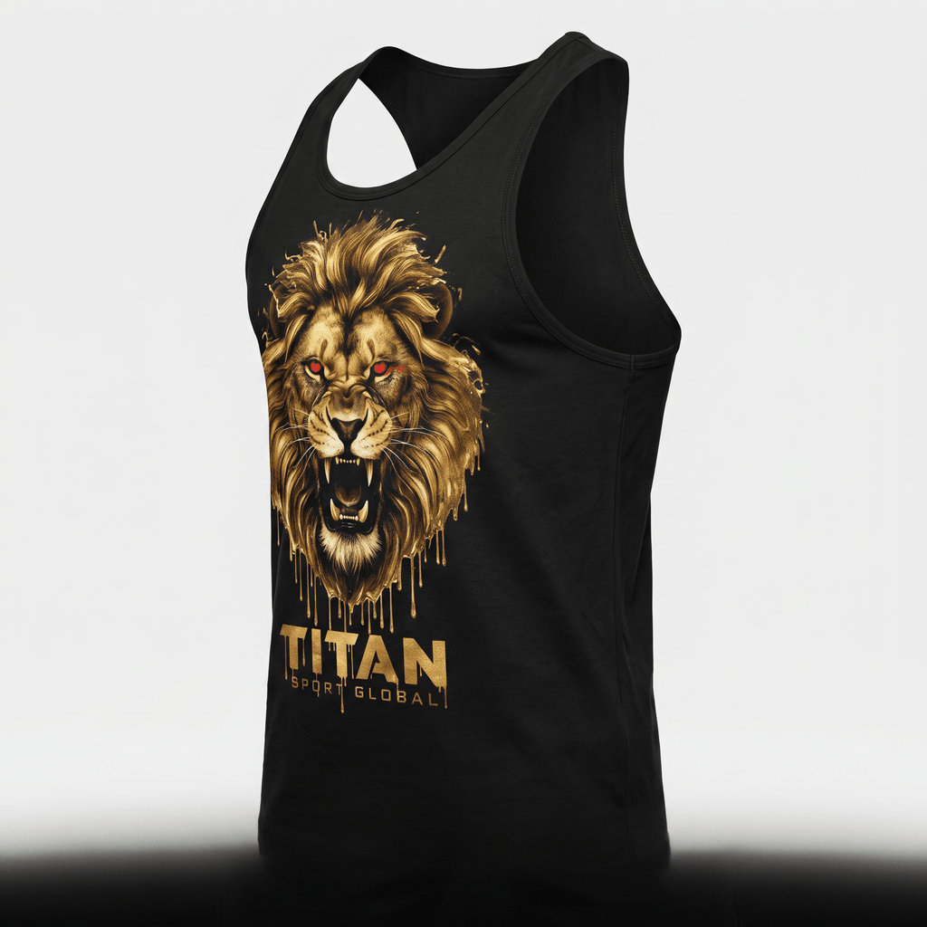 Black racerback tank top featuring a roaring lion graphic with red eyes and gold text below.