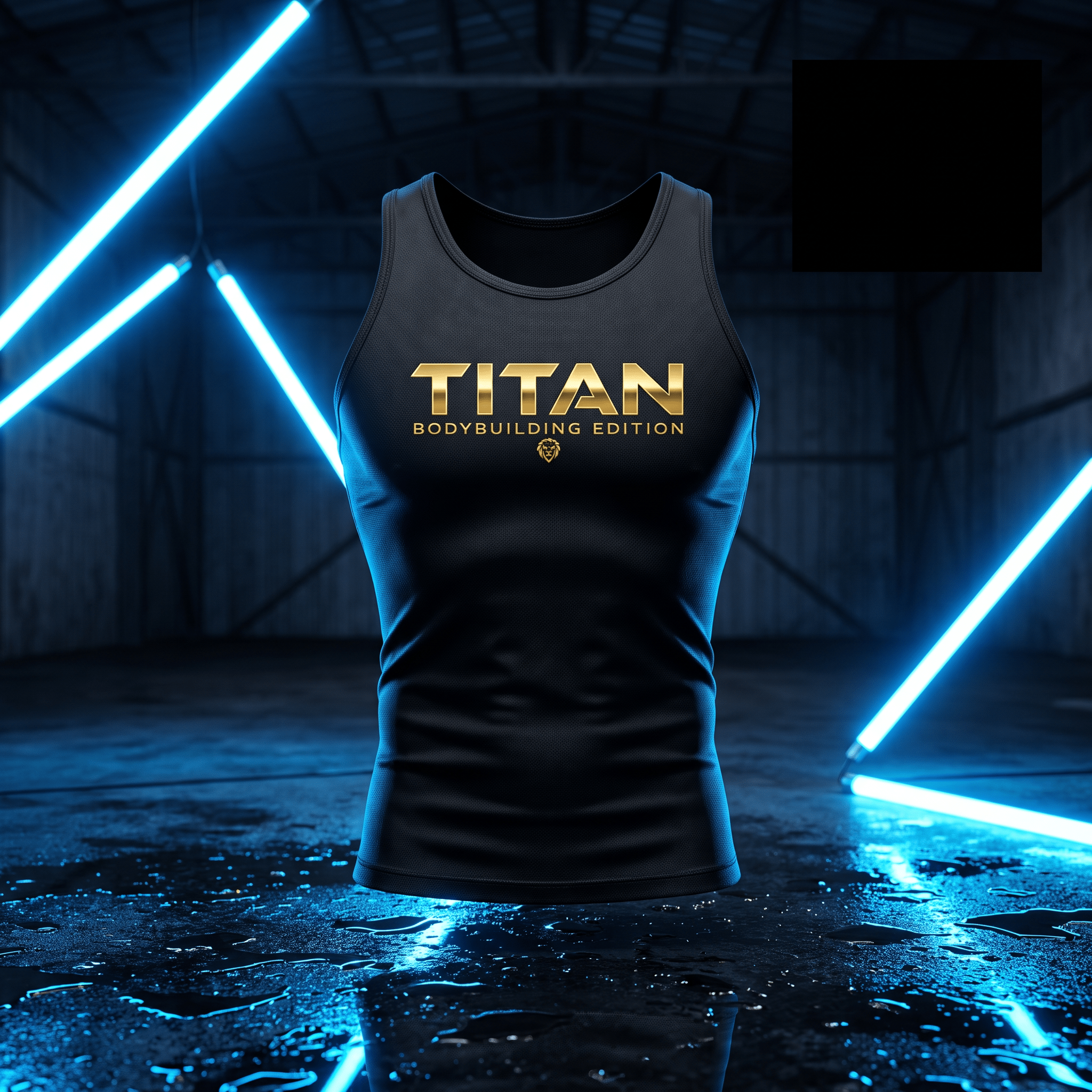 Black athletic tank top with gold "TITAN BODYBUILDING EDITION" text and lion logo, set against blue neon gym lighting.