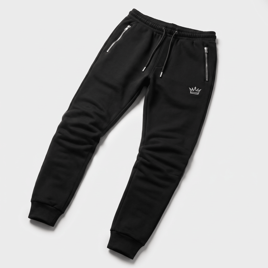 Black fleece sweatpants with zippered pockets, a drawstring waist, and a white crown logo on the left hip.