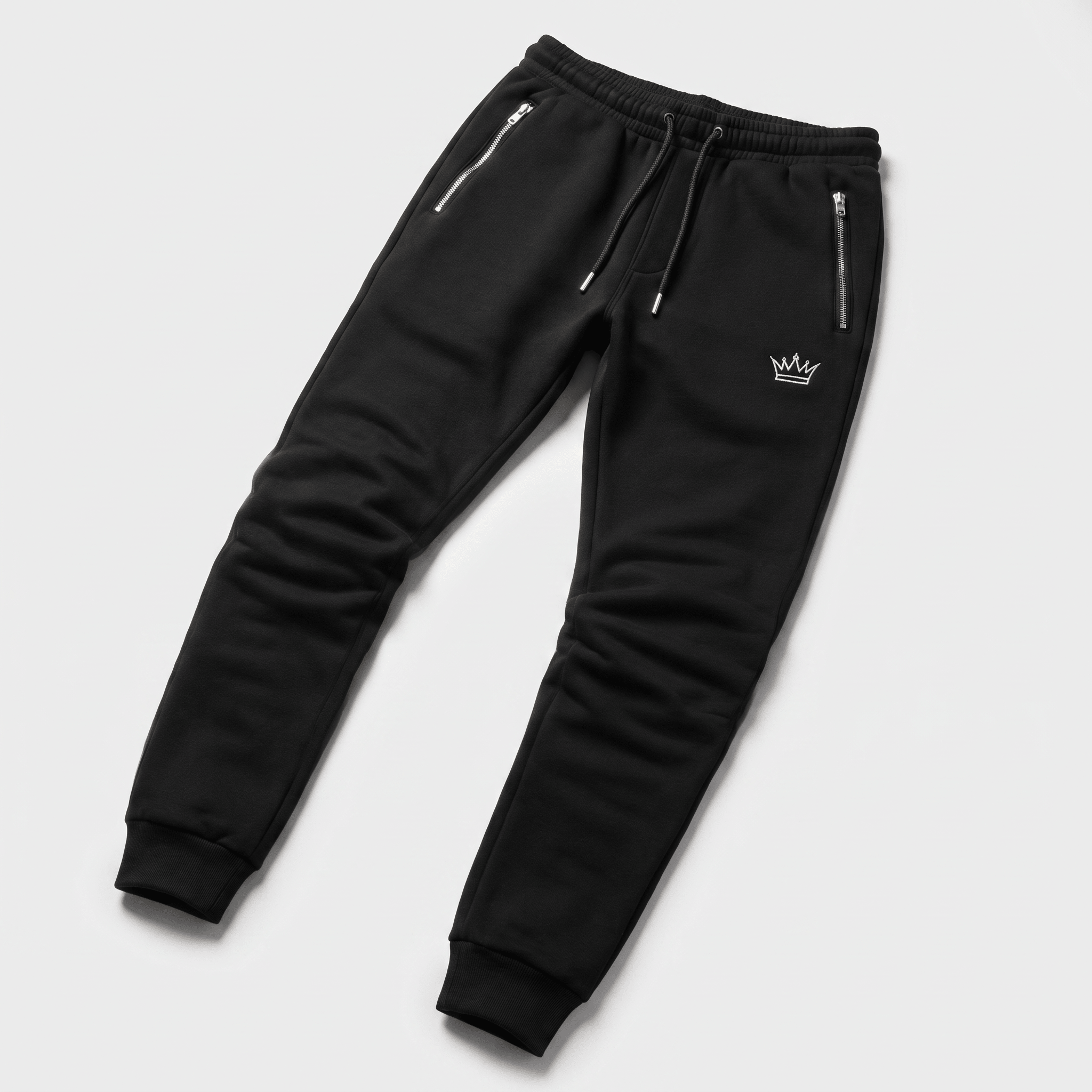 Black fleece sweatpants with zippered pockets, a drawstring waist, and a white crown logo on the left hip.