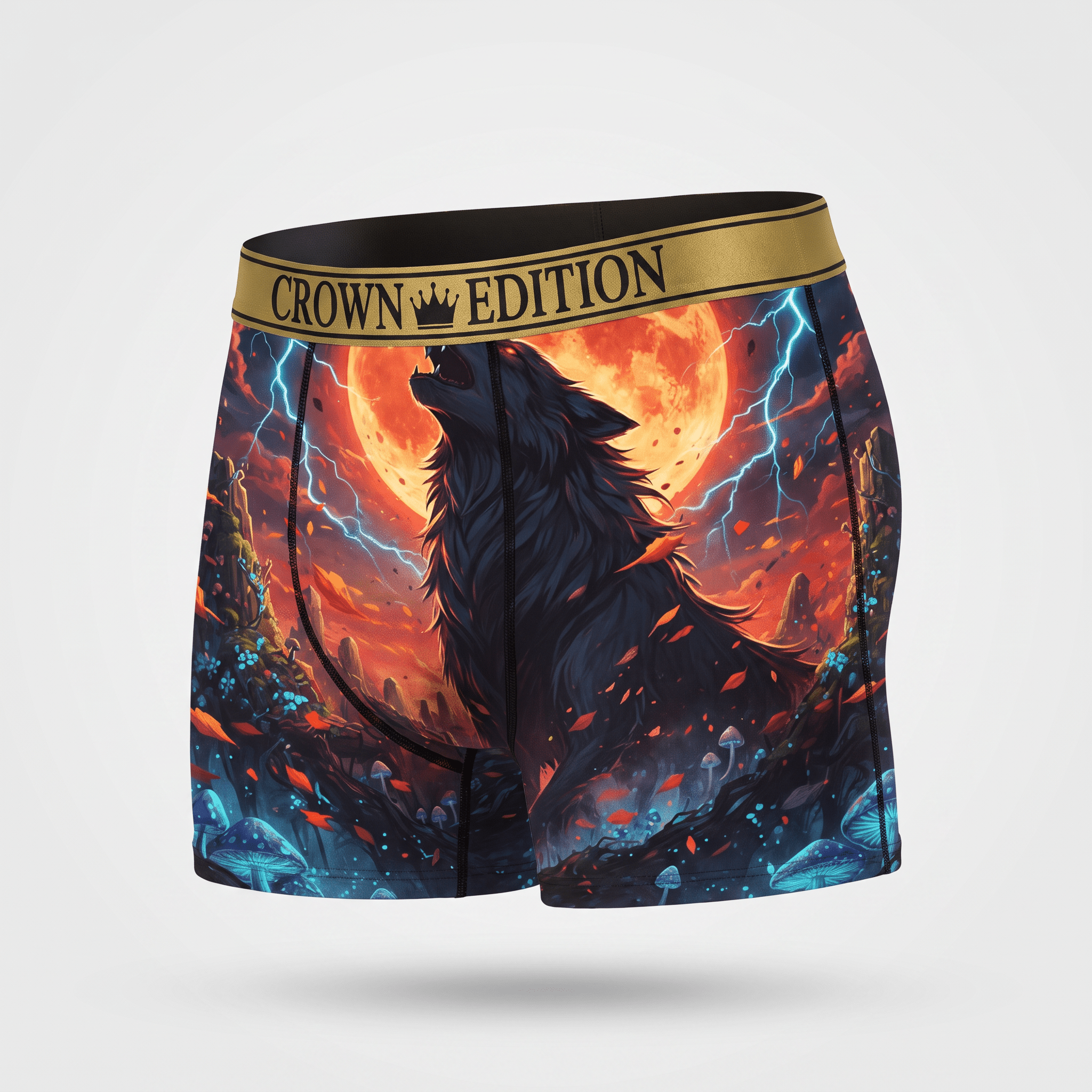 Crown Edition boxer briefs featuring a wolf howling at a red moon with lightning against a dark fantasy background.