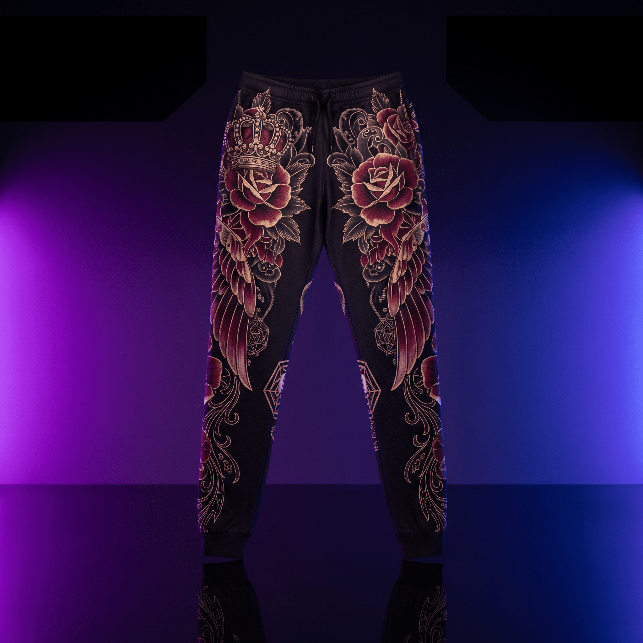 Black joggers featuring ornate gold and maroon rose, crown, and wing graphic prints against a purple-blue neon background.