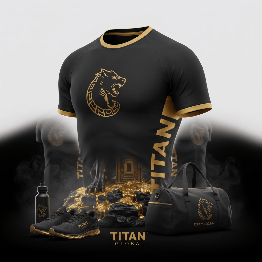 Black and gold athletic t-shirt with wolf logo, surrounded by matching sneakers, water bottle, and gym bag.
