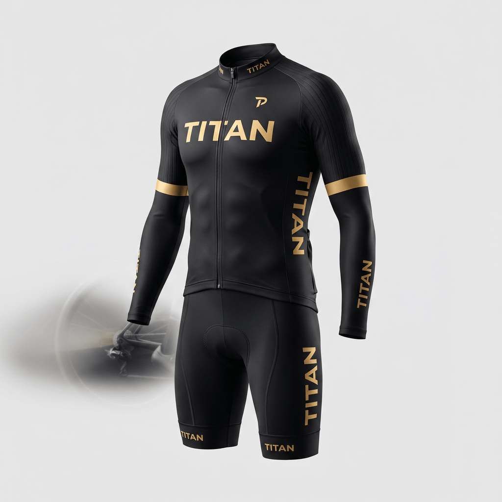 Black and gold Titan long-sleeve cycling jersey and shorts set with branding.