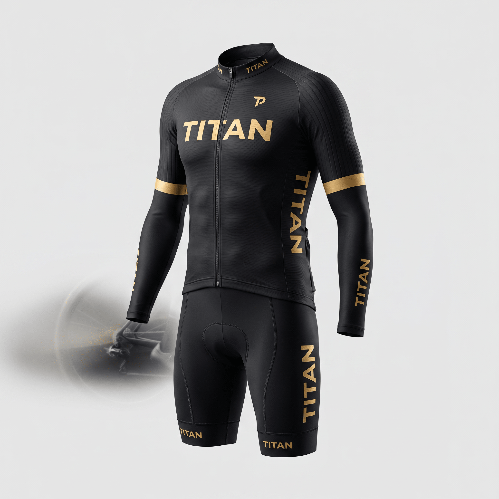 Black and gold Titan long-sleeve cycling jersey and shorts set with branding.