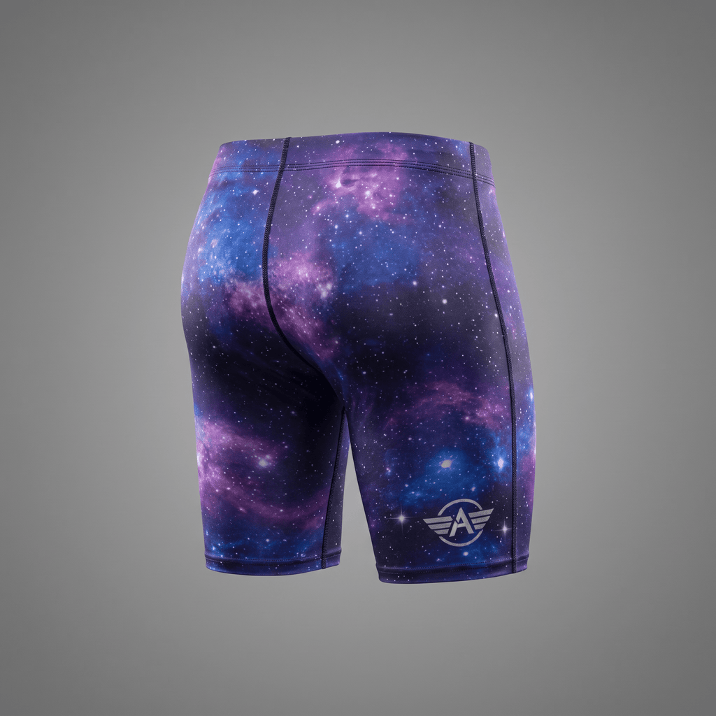 Rear view of purple and blue galaxy print compression shorts with a winged A logo.