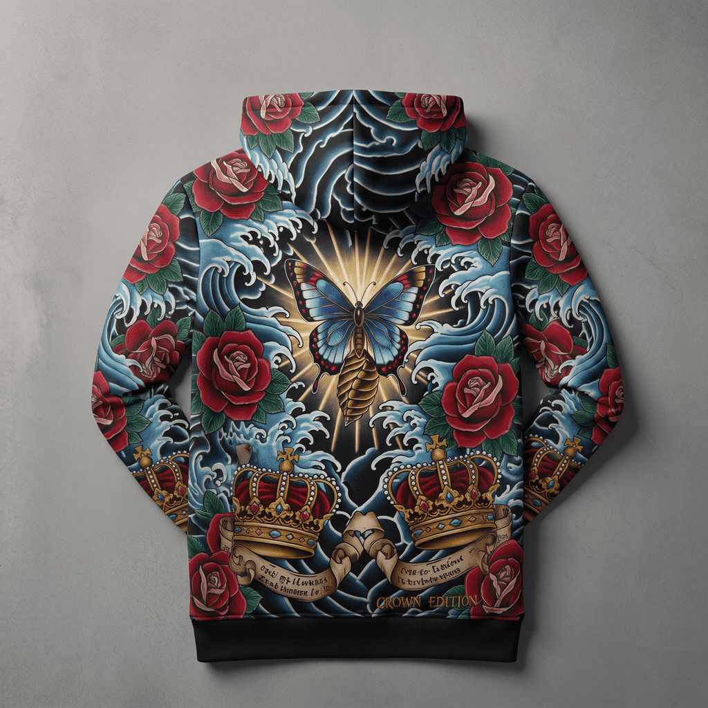 Back of black hoodie featuring tattoo-style red roses, blue butterfly, crowns, and waves.