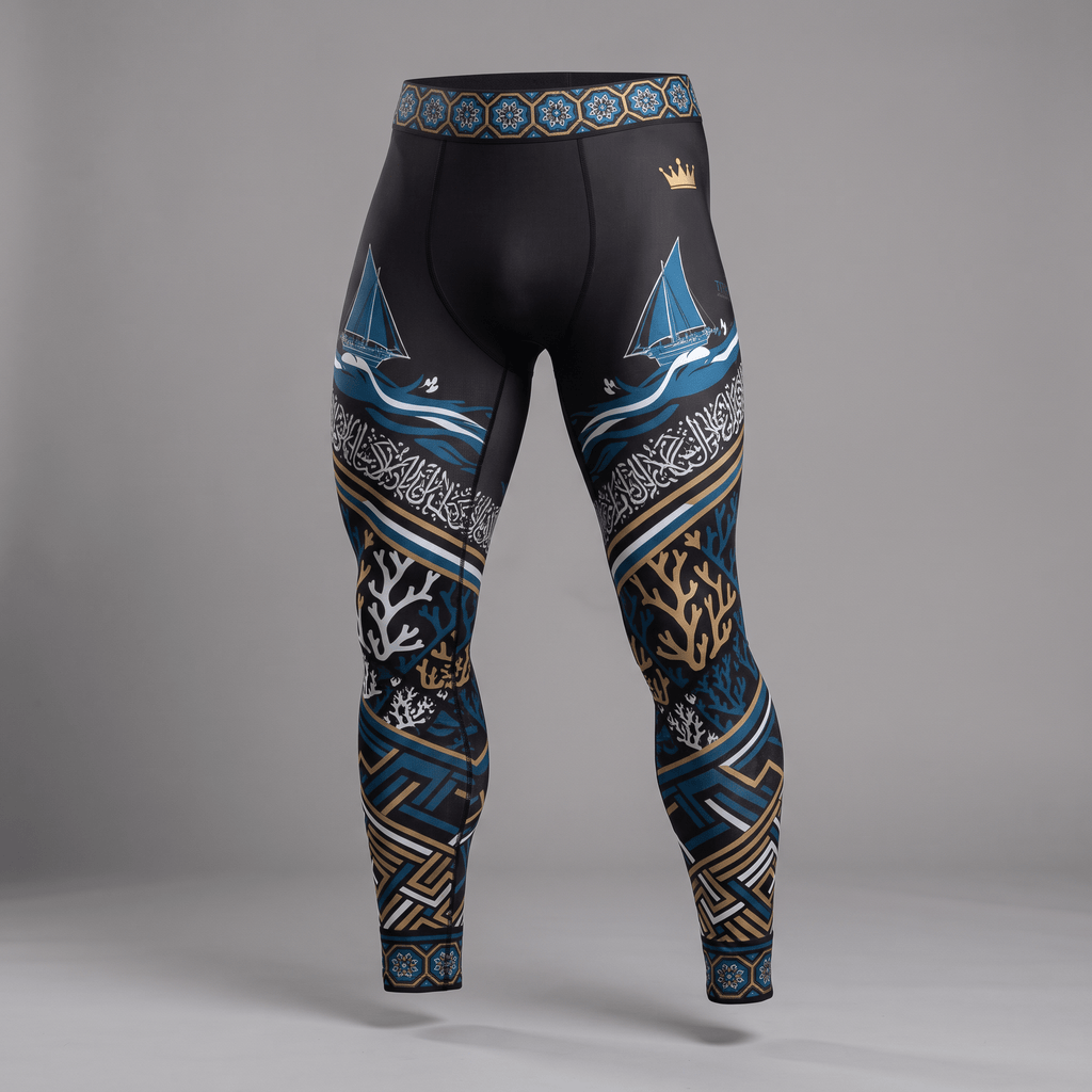 Black men's compression leggings featuring blue sailing ships, waves, coral reef motifs, and geometric patterns.