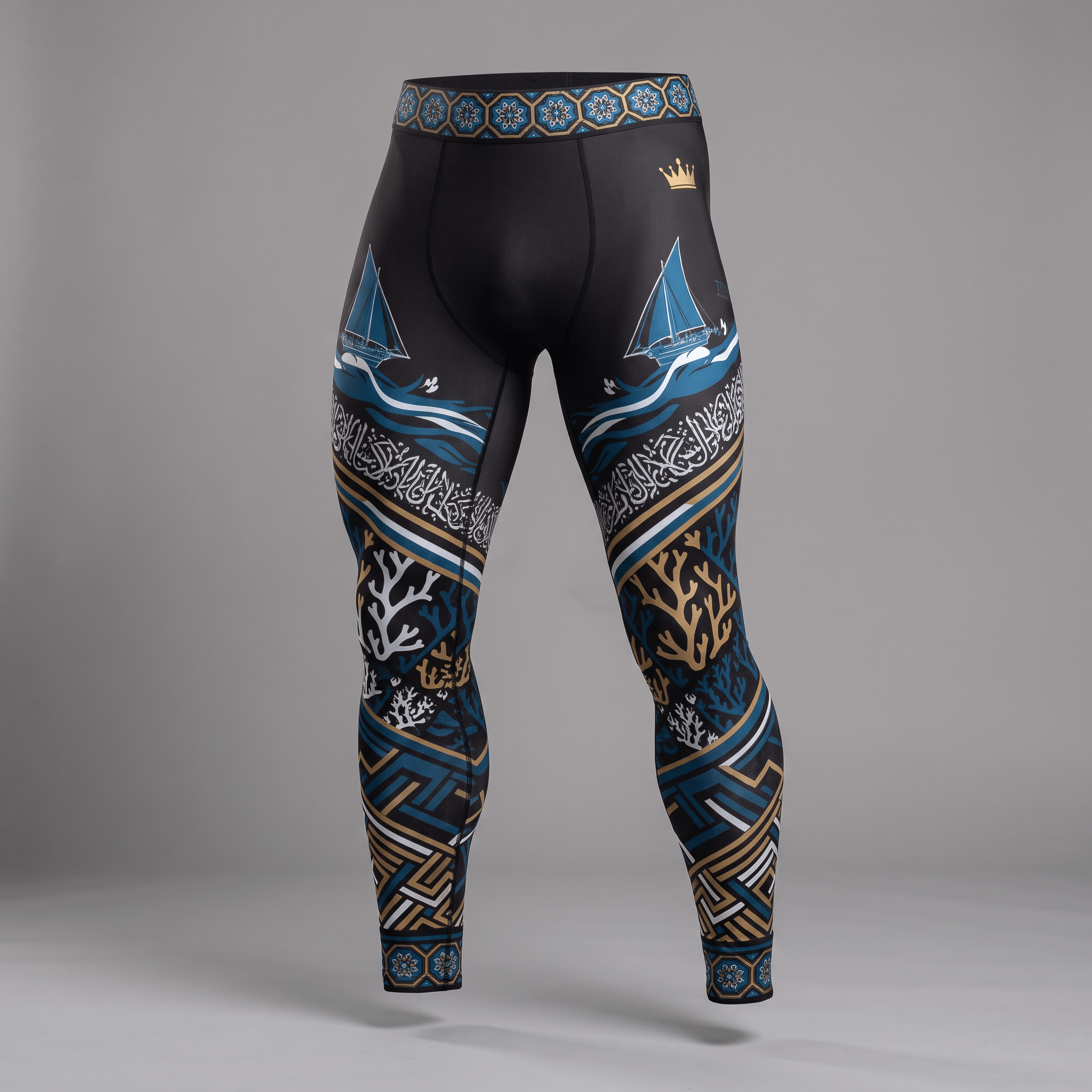 Black men's compression leggings featuring blue sailing ships, waves, coral reef motifs, and geometric patterns.
