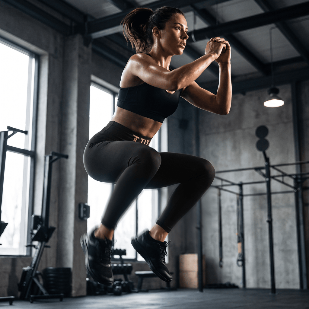 Female athlete doing a squat jump in gym wearing black TITAN biker leggings and sports bra