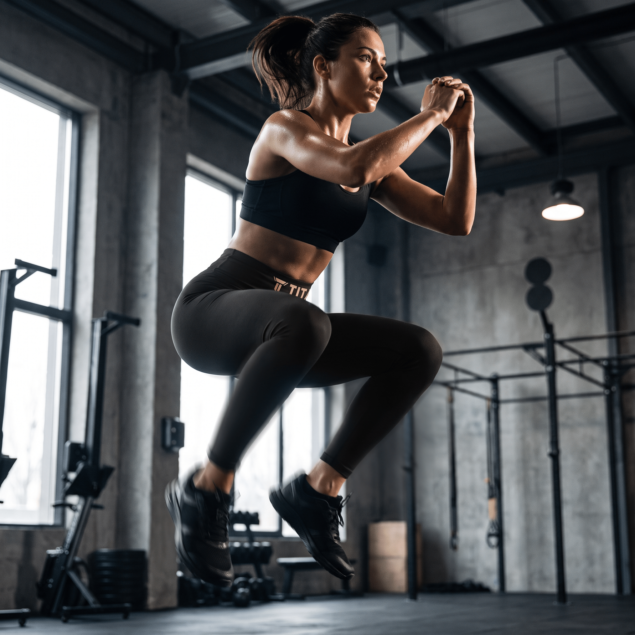 Female athlete doing a squat jump in gym wearing black TITAN biker leggings and sports bra