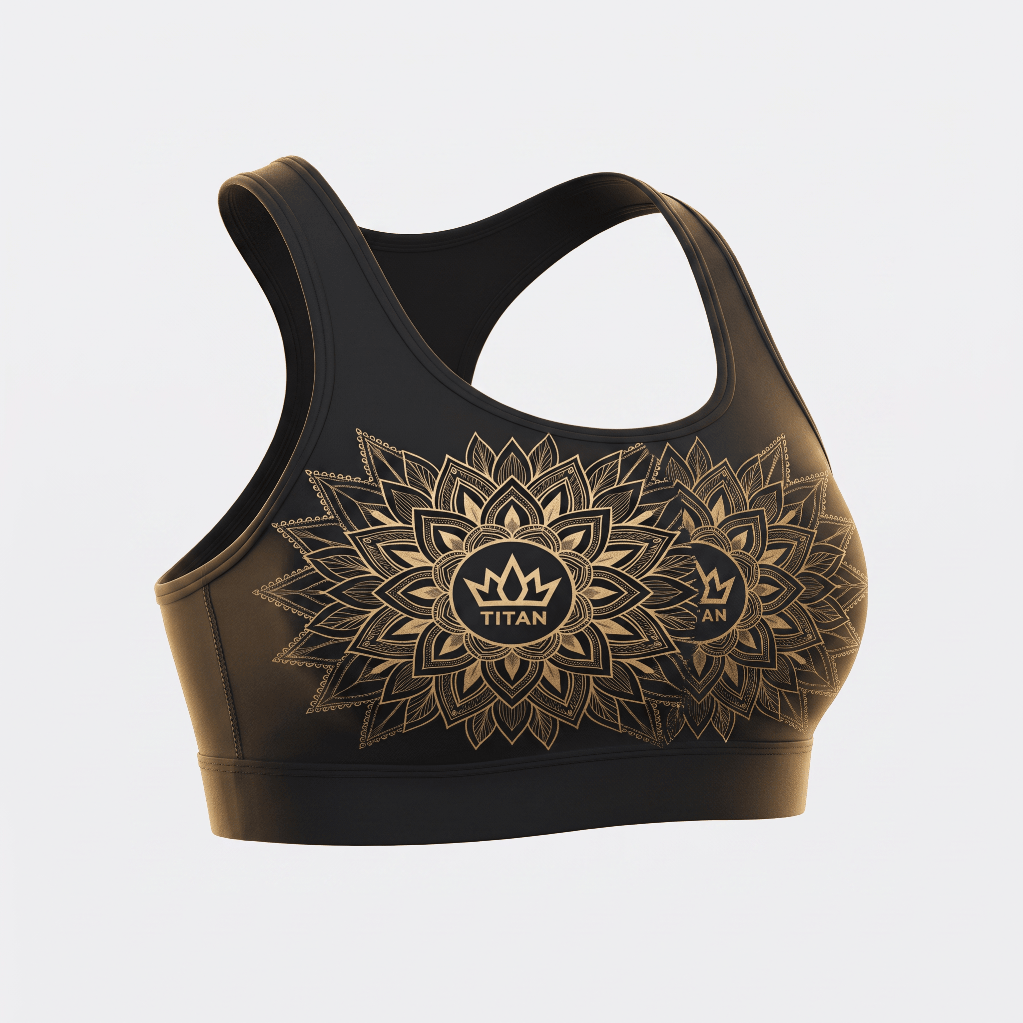 Black sports bra with a racerback style, featuring a gold mandala floral print and Titan crown logo on the front.