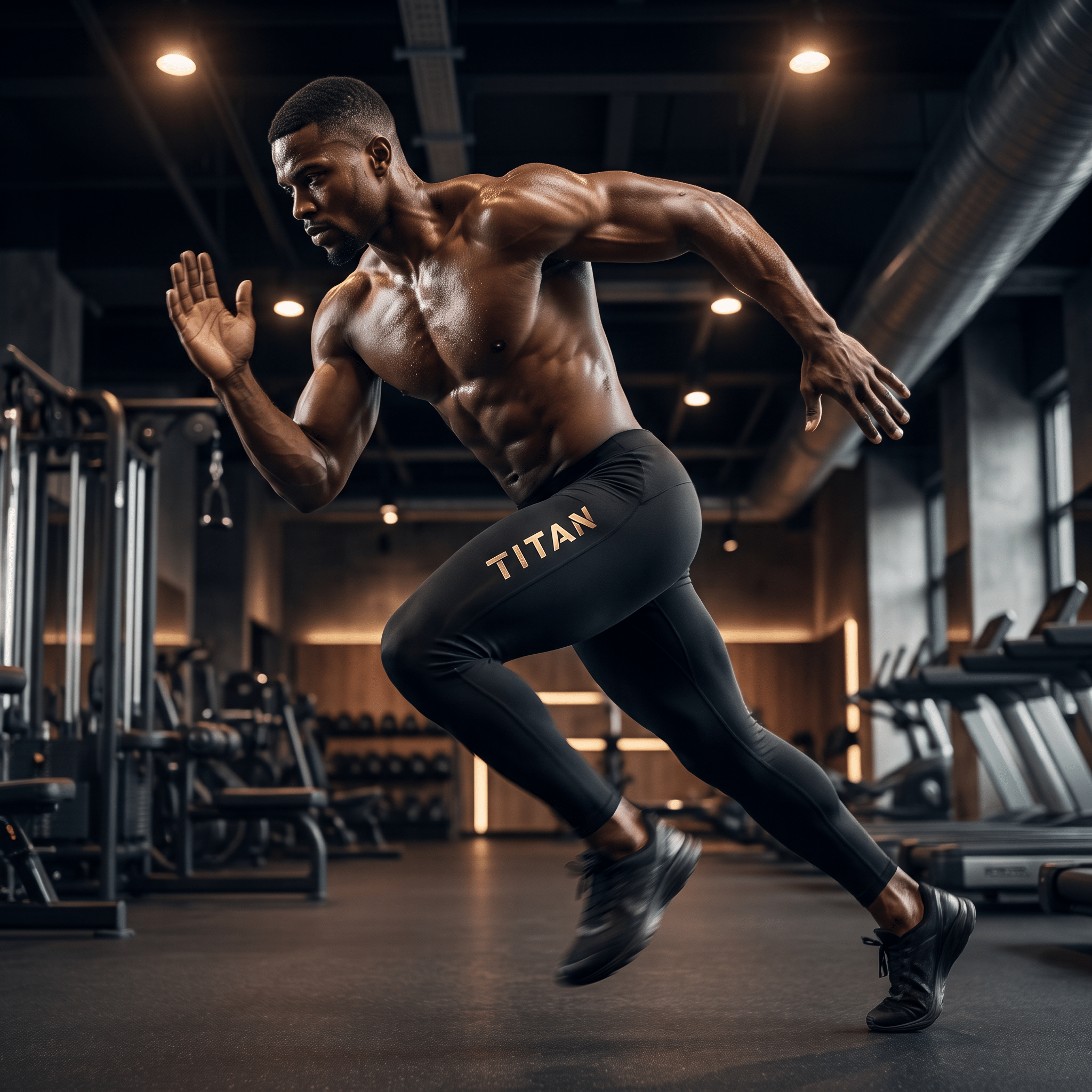 Male athlete sprinting in gym wearing black TITAN compression full length tights