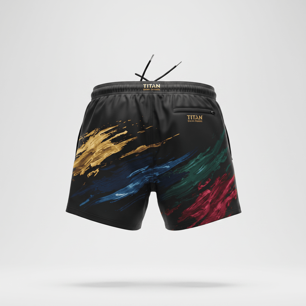 Back view of black swim shorts featuring gold, blue, green, and red paint-stroke graphics and a rear zip pocket.