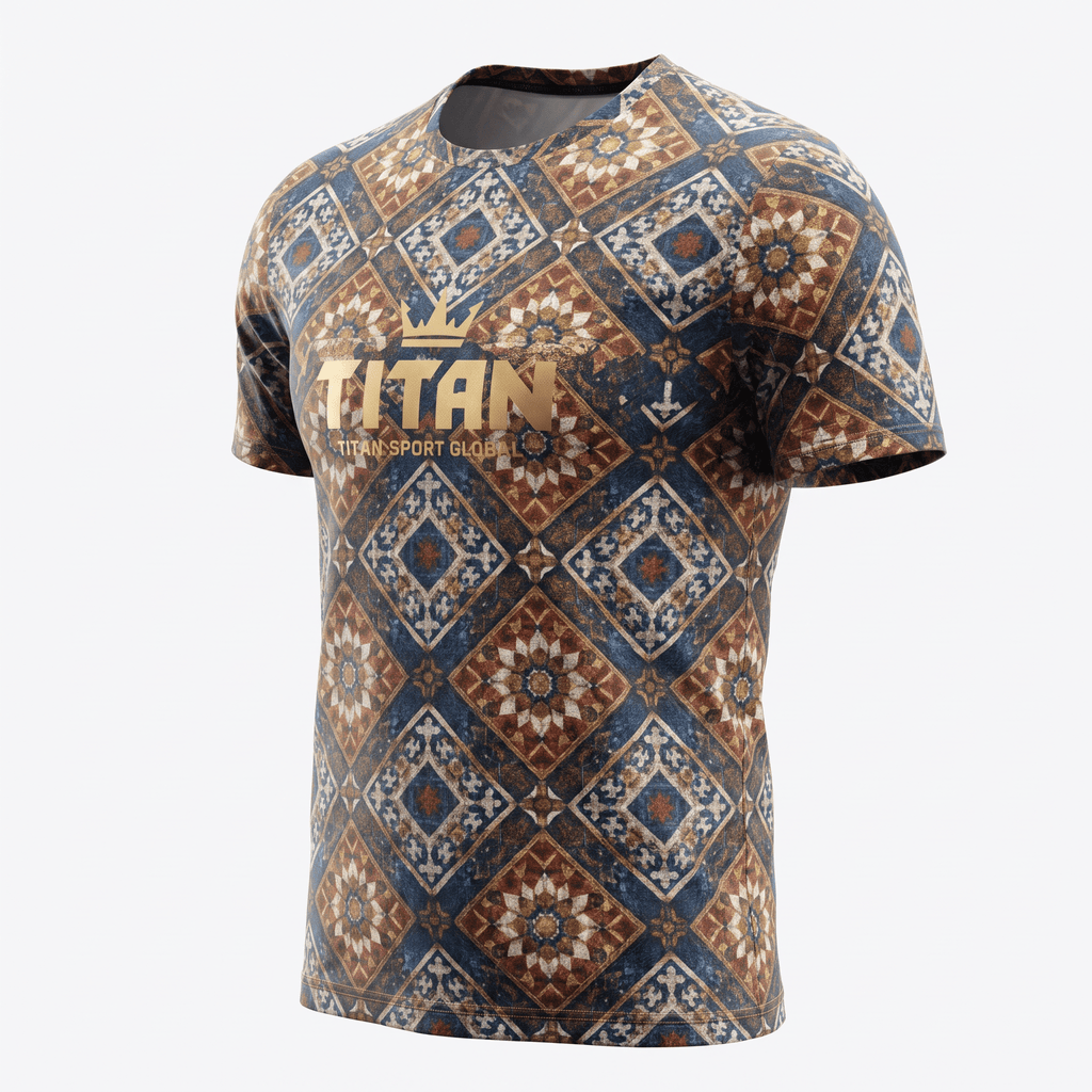 Blue and brown patterned t-shirt with gold Titan logo on the chest.