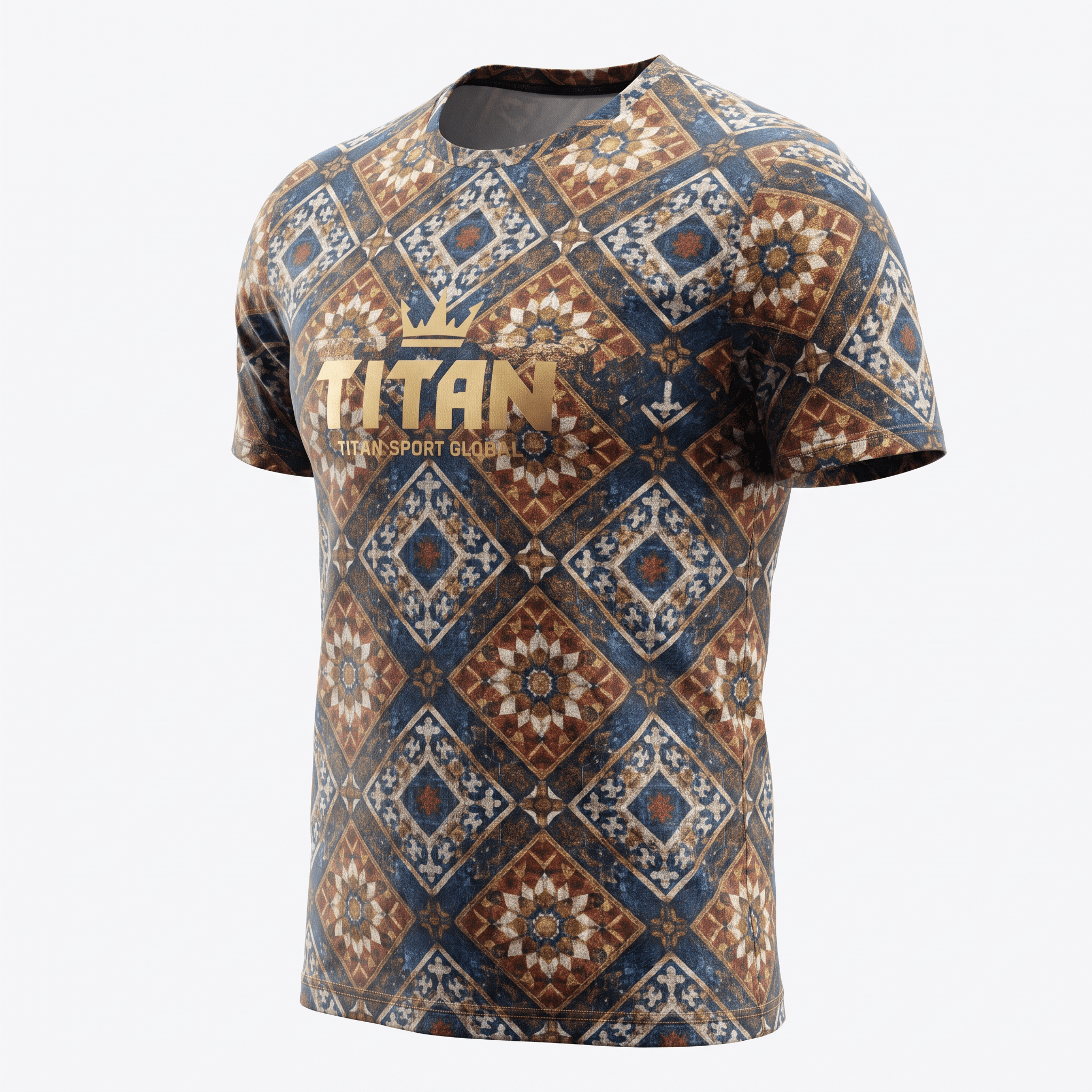 Blue and brown patterned t-shirt with gold Titan logo on the chest.