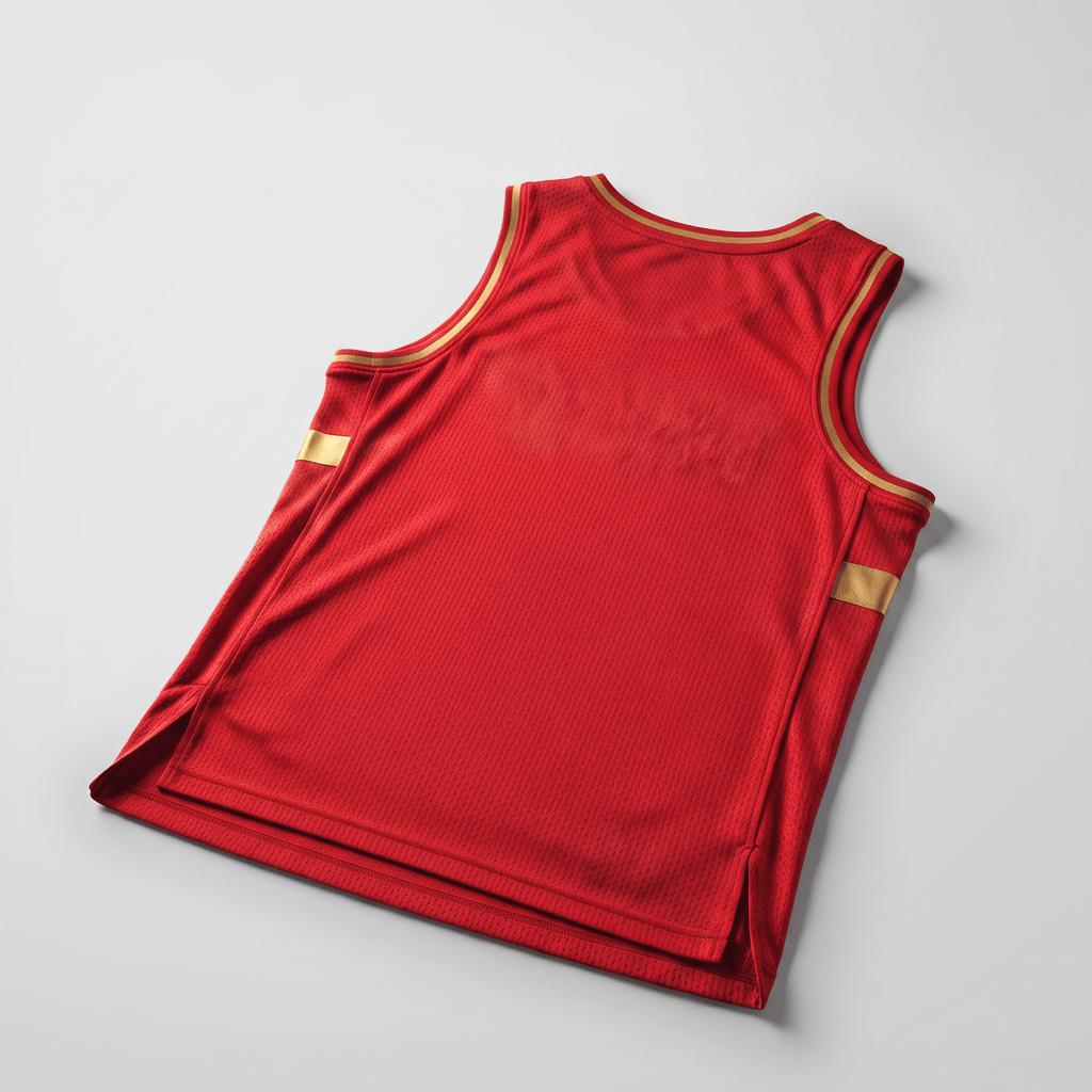Back view of a red and gold basketball jersey, lying flat against a light gray background.