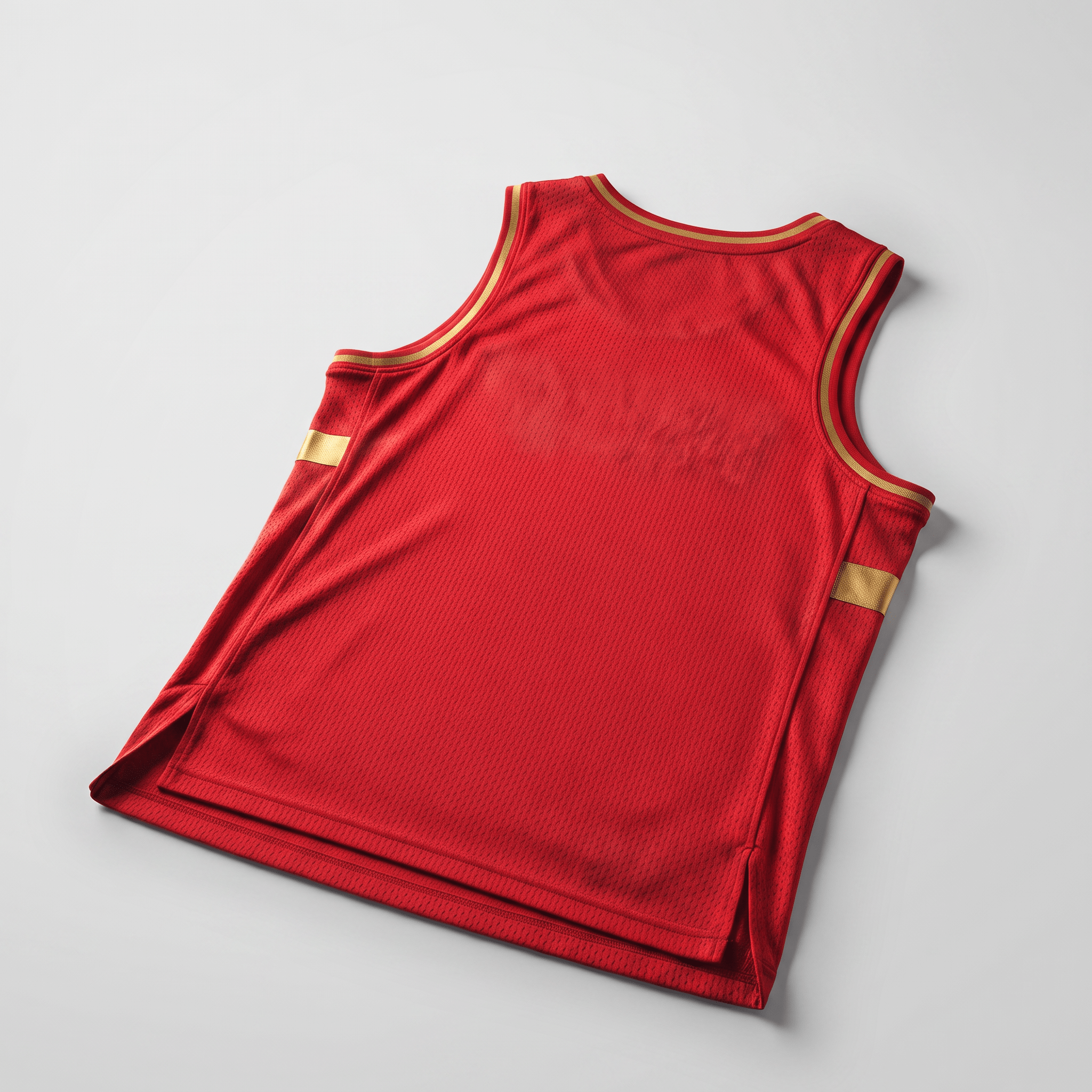 Back view of a red and gold basketball jersey, lying flat against a light gray background.