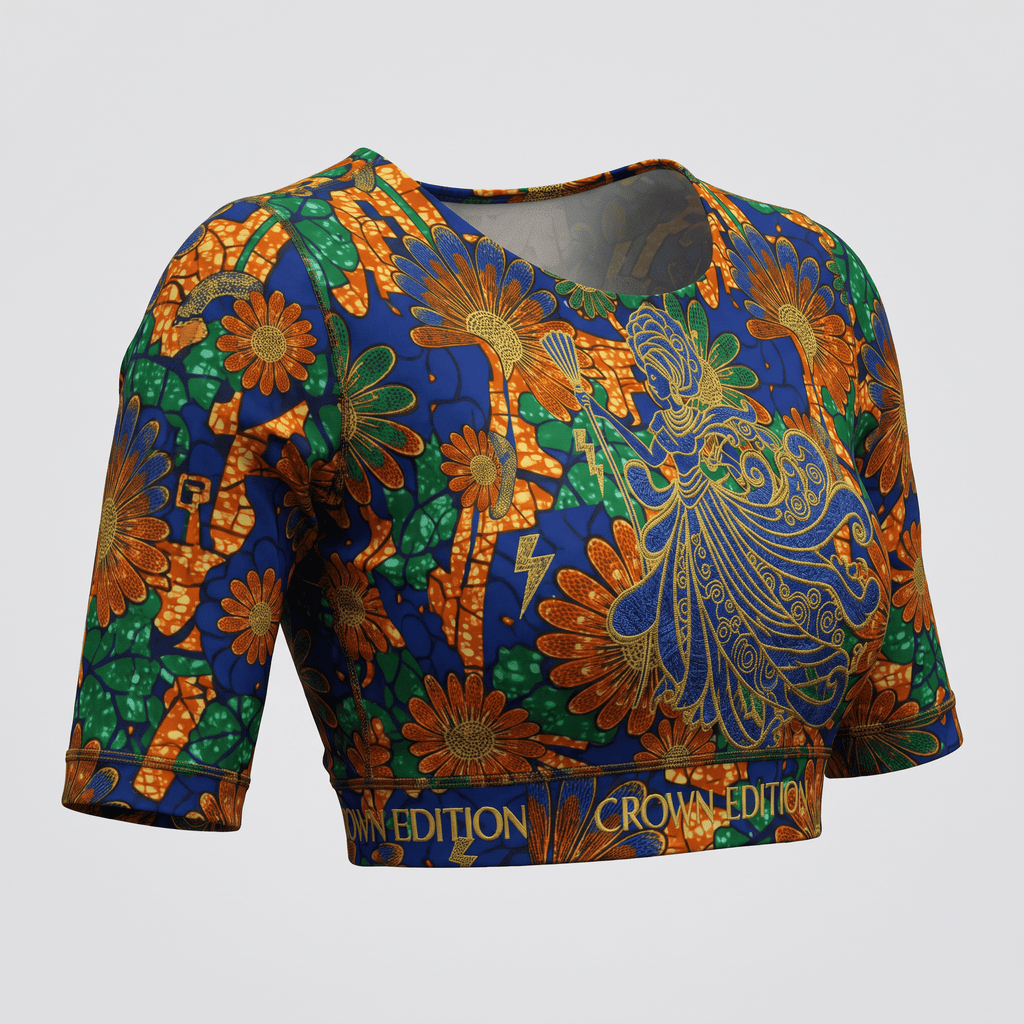 Blue, orange, and green Ankara print crop top featuring a central female figure and Crown Edition waistband.