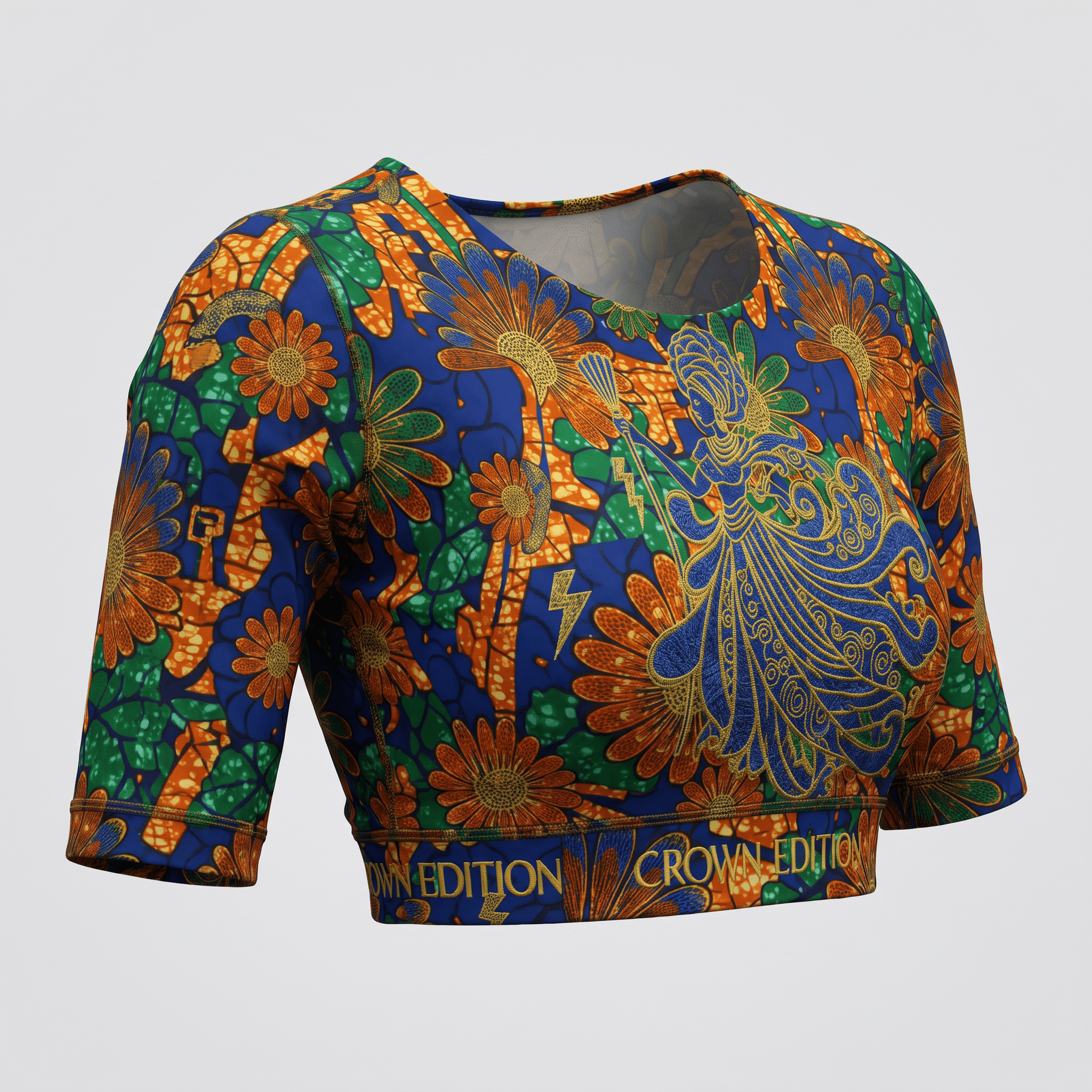 Blue, orange, and green Ankara print crop top featuring a central female figure and Crown Edition waistband.
