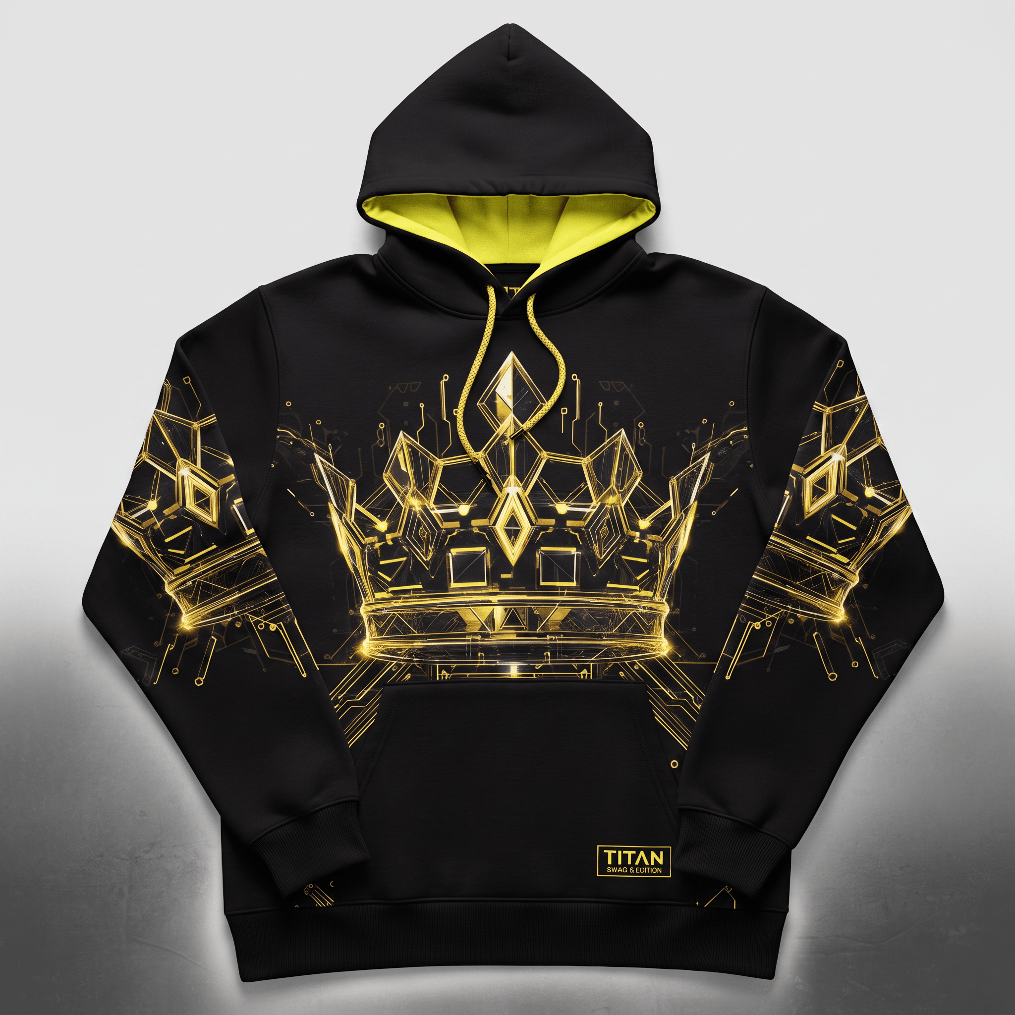 Black hoodie with glowing gold crown graphic, yellow hood lining, and matching drawstring.