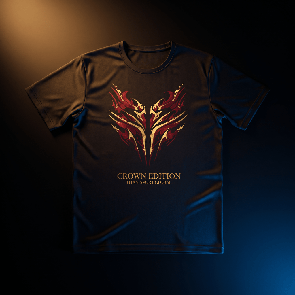 Black athletic t-shirt with a metallic red and gold tribal crest, "CROWN EDITION" text, and Titan Sport Global logo.