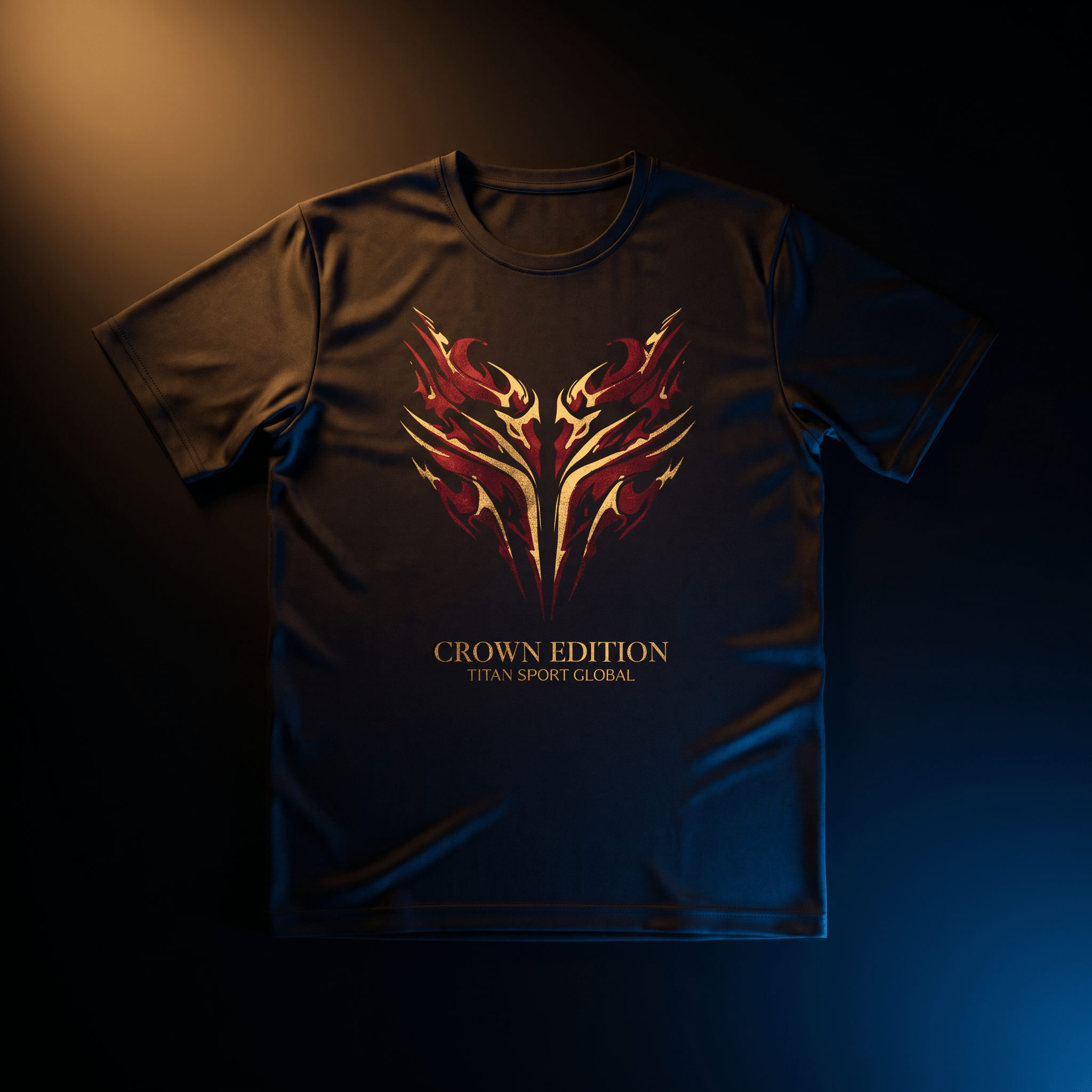 Black athletic t-shirt with a metallic red and gold tribal crest, "CROWN EDITION" text, and Titan Sport Global logo.