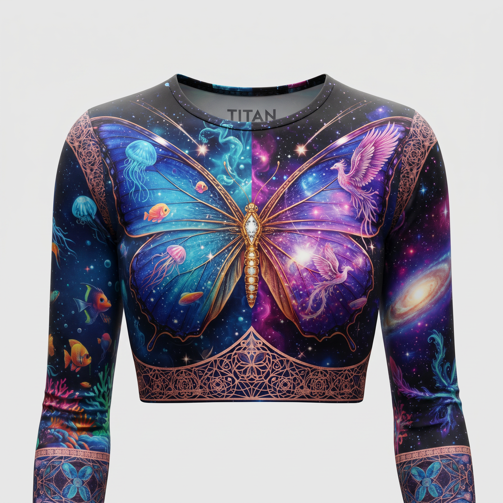 Long-sleeve crop top featuring a blue and purple butterfly, galaxy, and ocean print with ornate rose-gold trim.