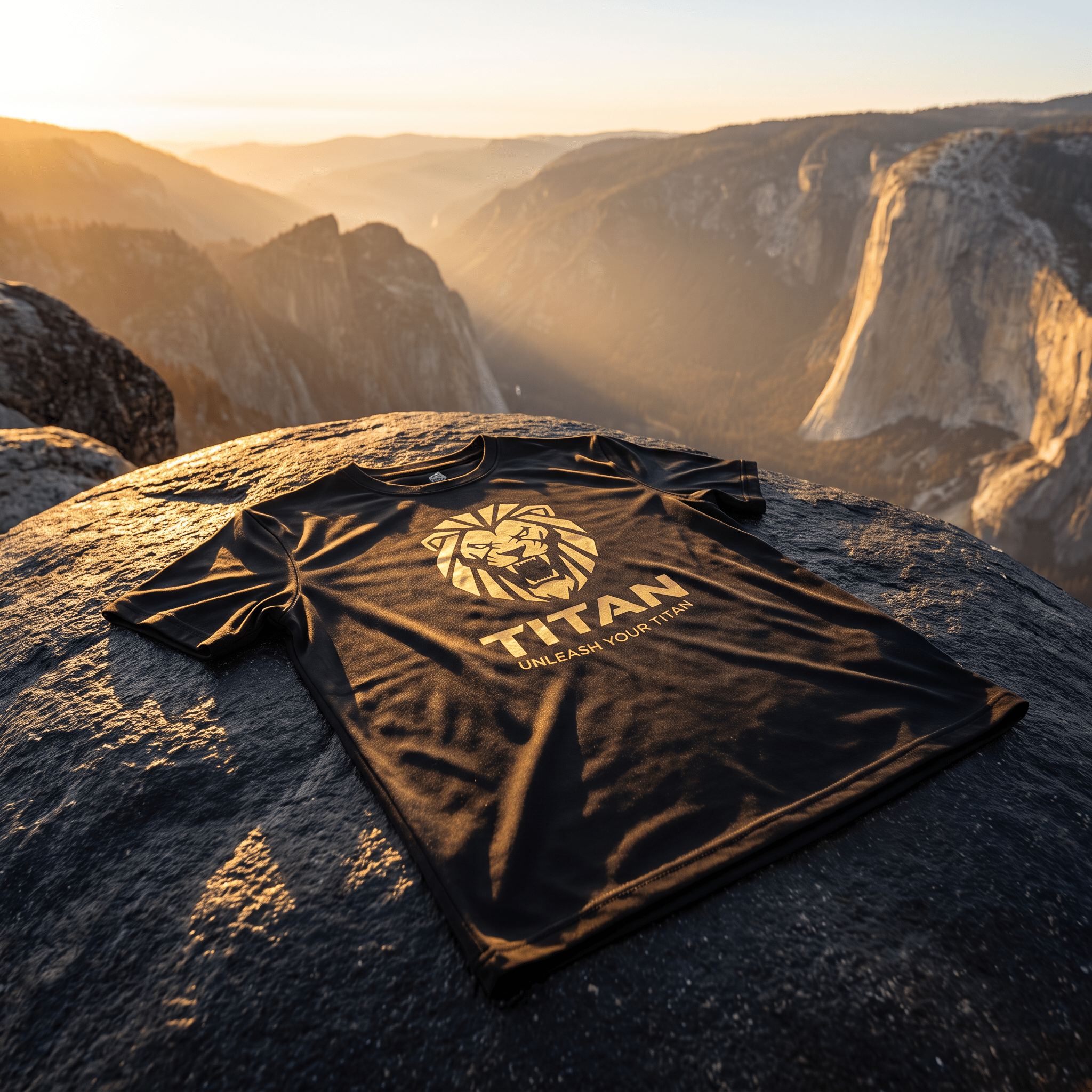 Black athletic t-shirt with gold lion logo and "TITAN" text on a rock overlooking a mountain valley at sunset.