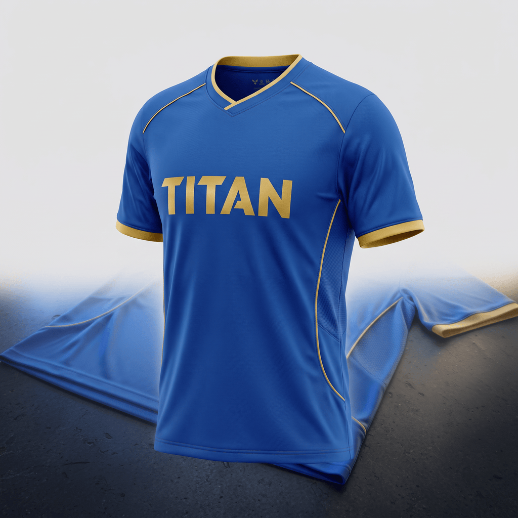 Blue and gold athletic jersey with the word TITAN on the chest and matching shorts below.