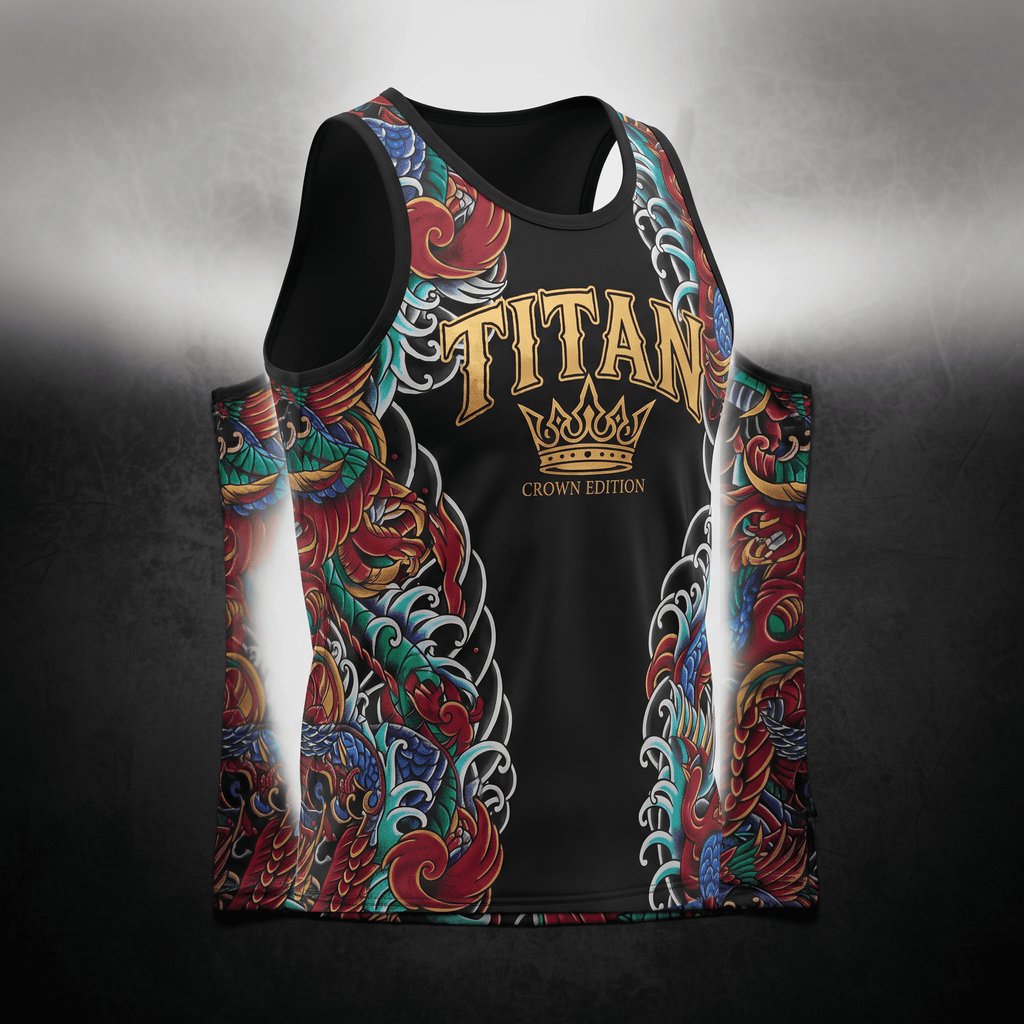 Black tank top with Japanese tattoo style dragon and wave graphics, and gold Titan Crown Edition text.