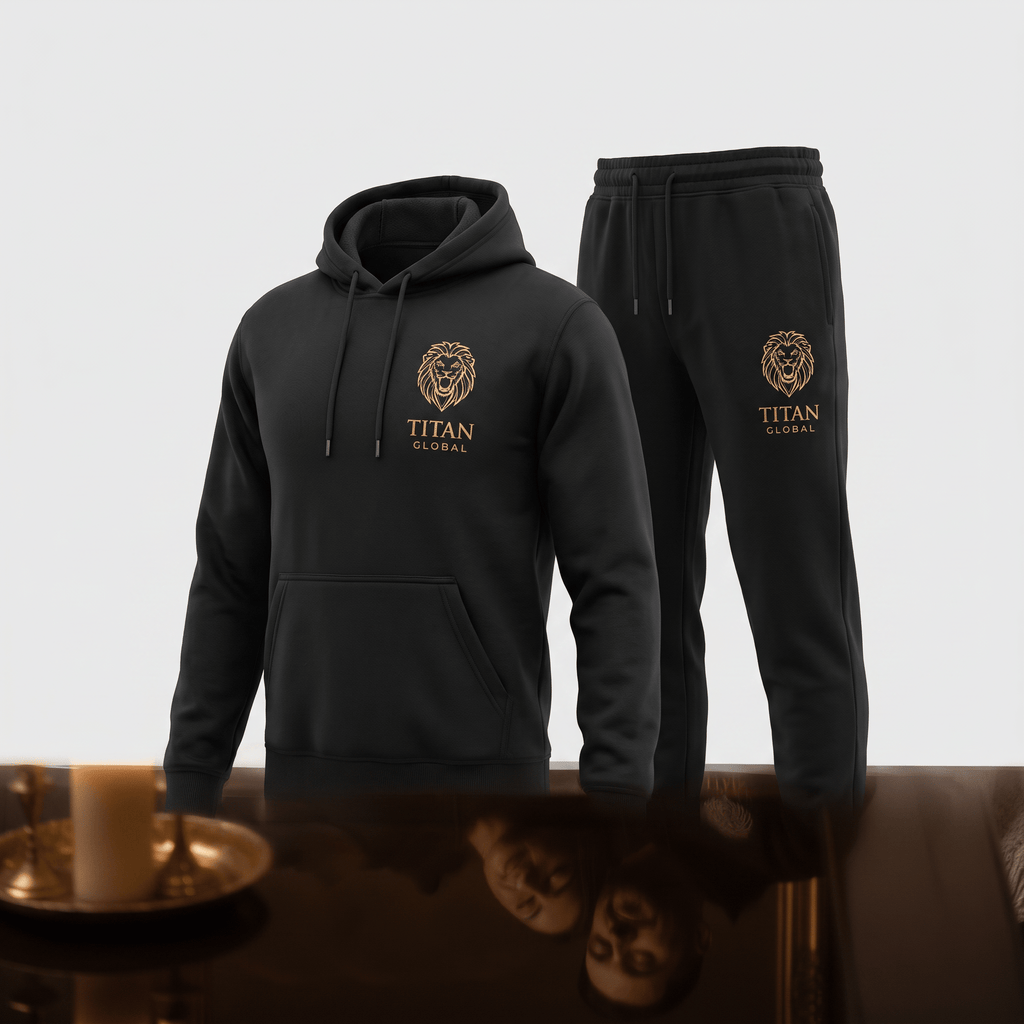 Black hoodie and sweatpants set featuring gold Titan Global lion logo and text embroidery.