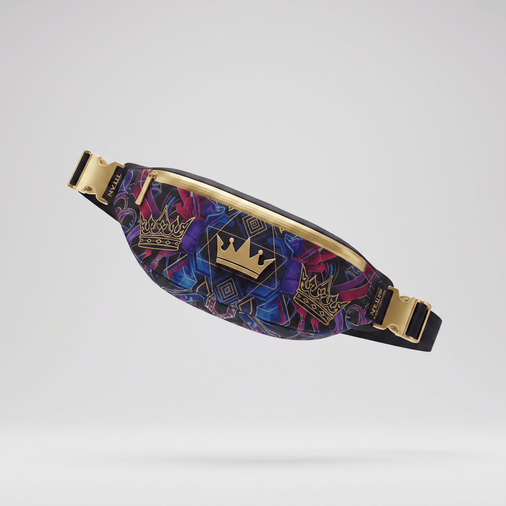 Black fanny pack with colorful blue and purple abstract print, gold crown emblem, and gold hardware.