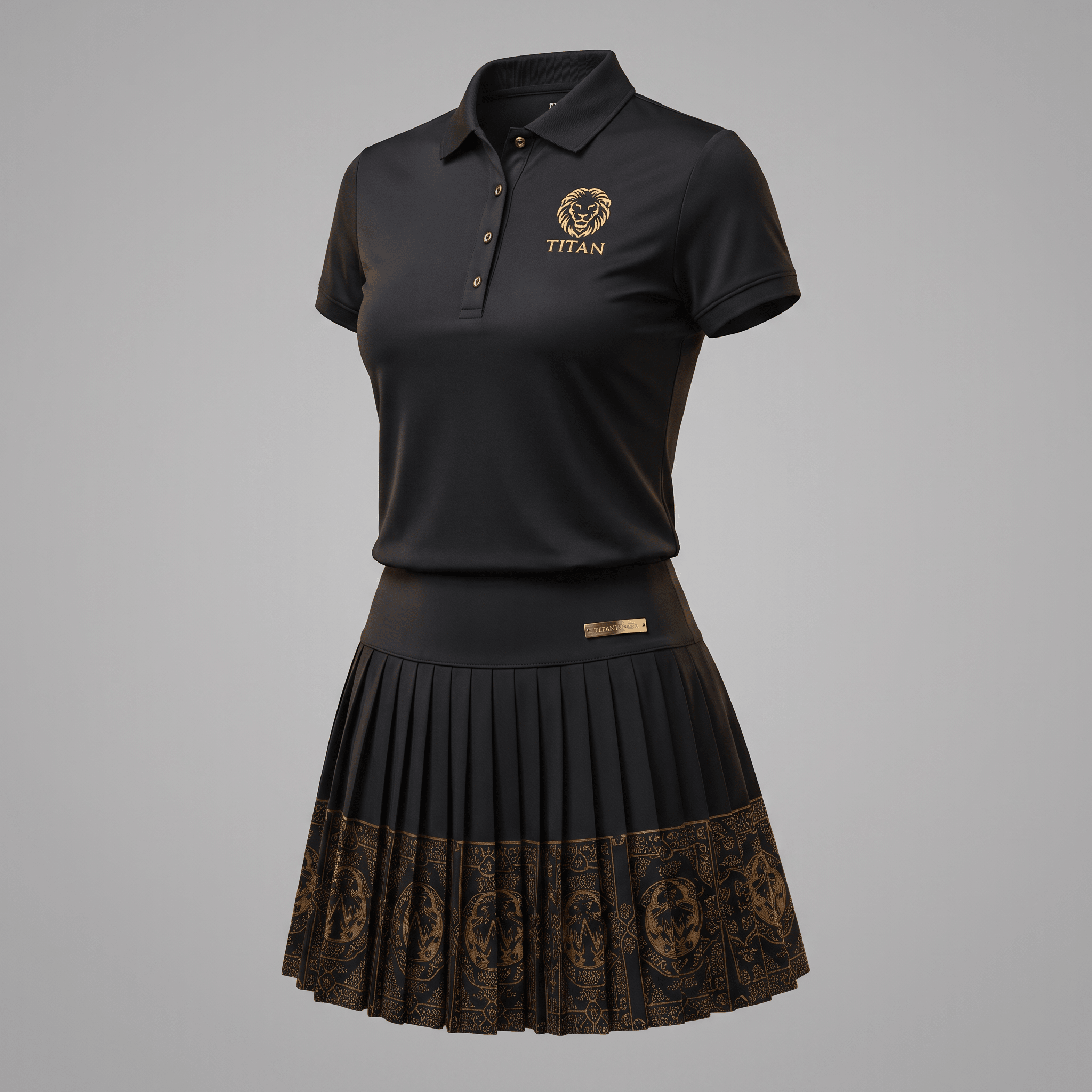 Black athletic polo shirt and pleated skirt set with gold Titan lion logo and ornate hem print.