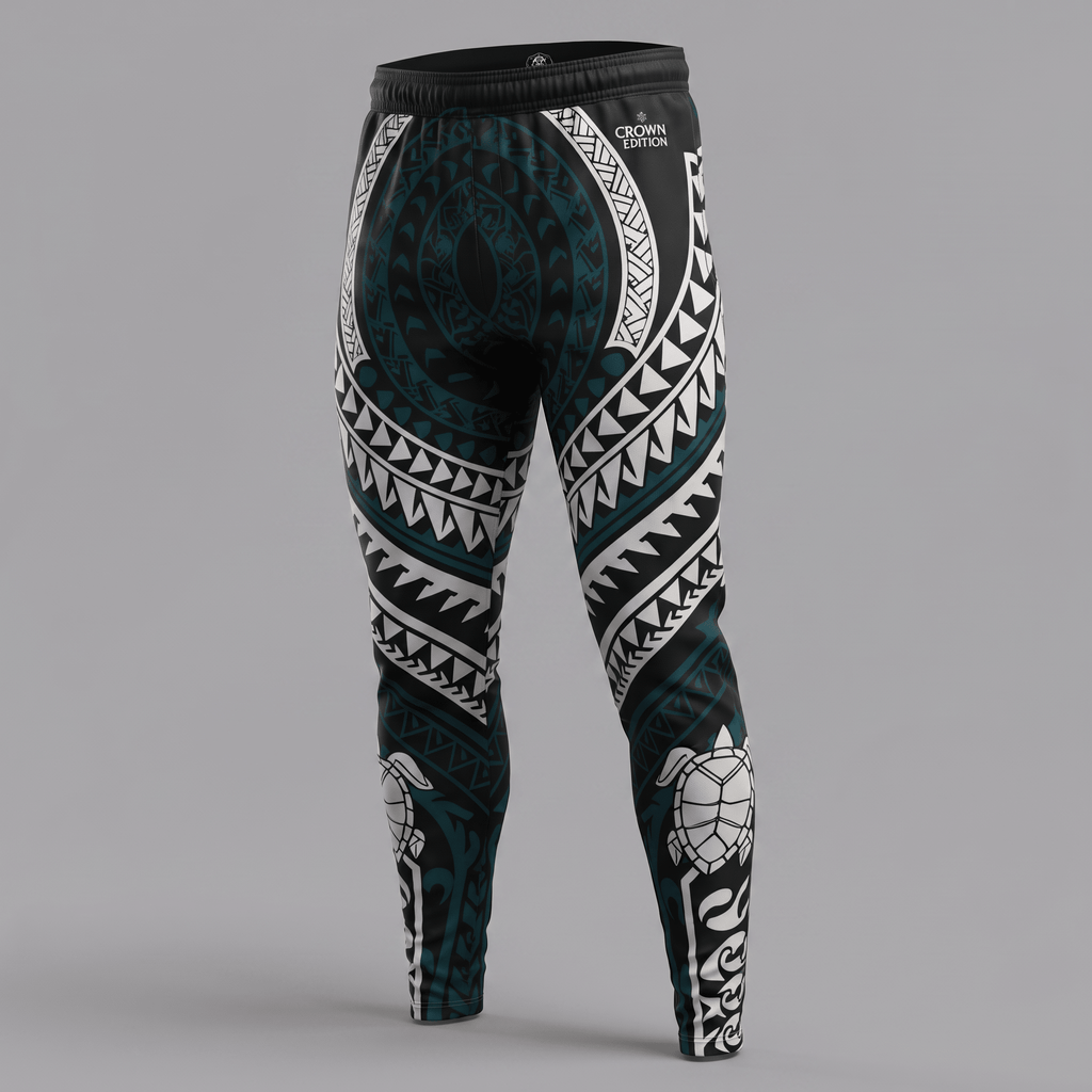 Back view of black and teal athletic leggings with white Polynesian tribal tattoo and sea turtle patterns.