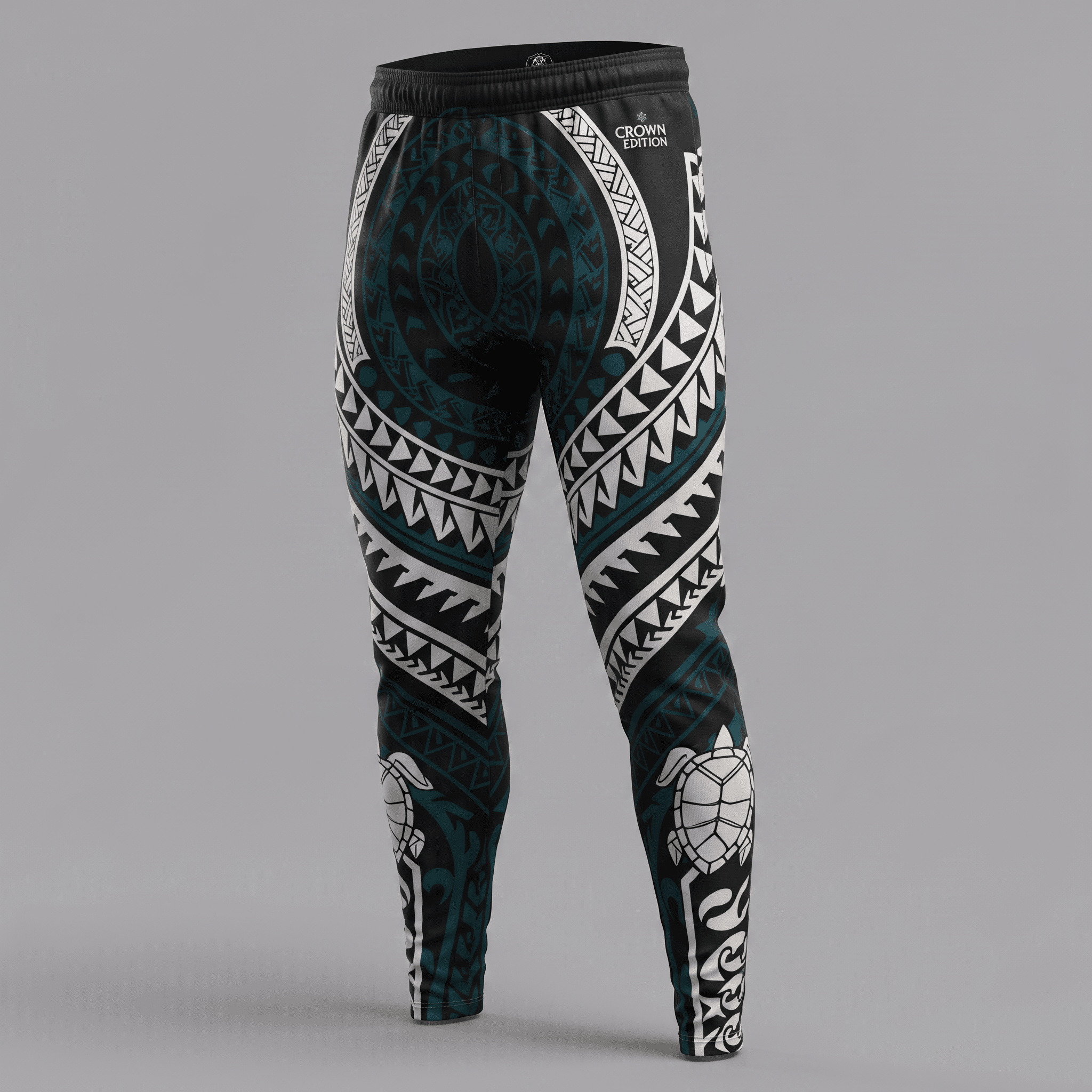 Back view of black and teal athletic leggings with white Polynesian tribal tattoo and sea turtle patterns.
