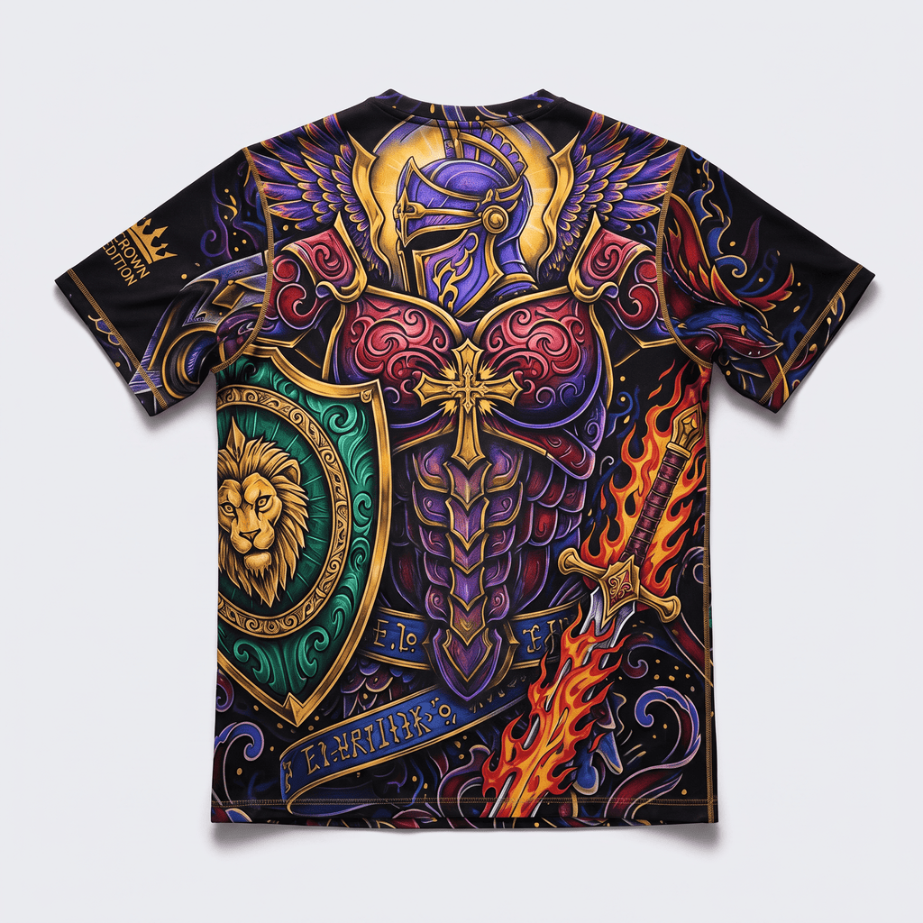 Back of a black athletic t-shirt with a fantasy graphic of a knight in purple and red armor with a lion shield and flaming sword.