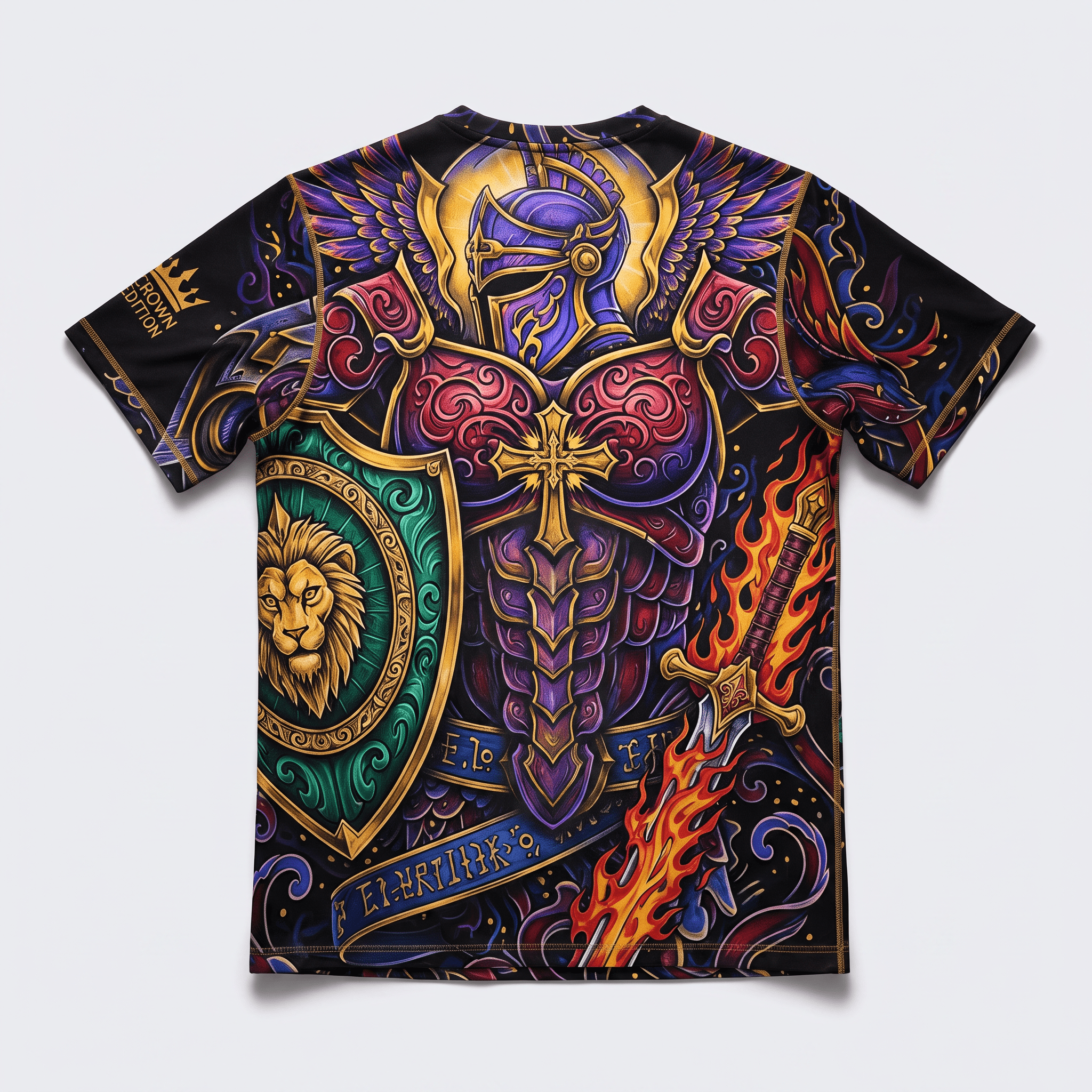 Back of black short-sleeve rash guard featuring vibrant fantasy armor, a lion shield, and flaming sword graphics.