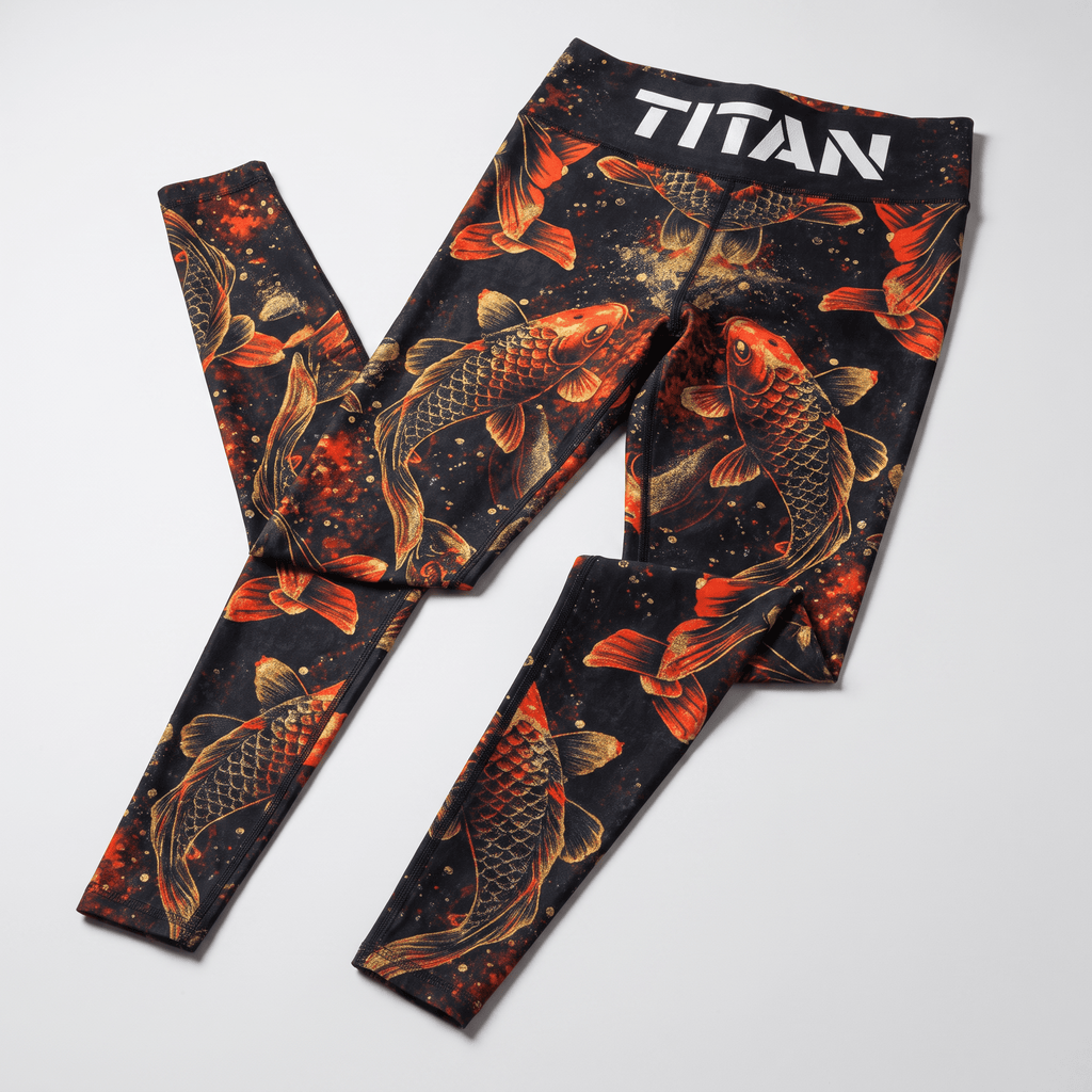 Titan black leggings with a vibrant red and gold koi fish print flat laid on white.