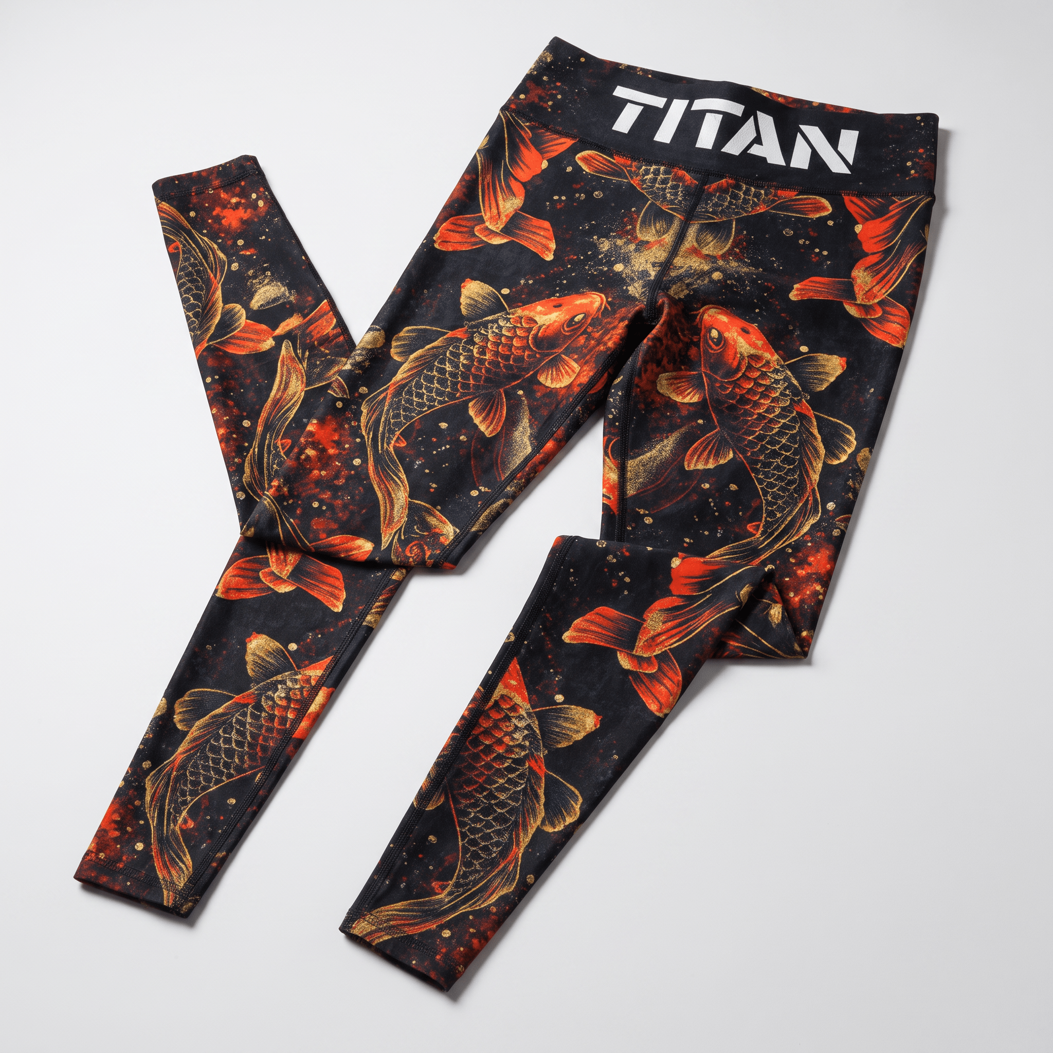 Titan athletic leggings featuring a vibrant black, red, and gold koi fish print on a flat background.