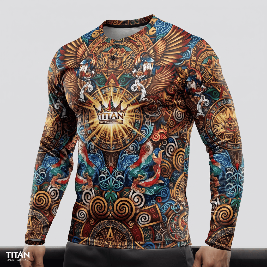 Multicolor long-sleeve rash guard featuring an ornate ancient-style graphic print with winged creatures and a glowing crown logo.