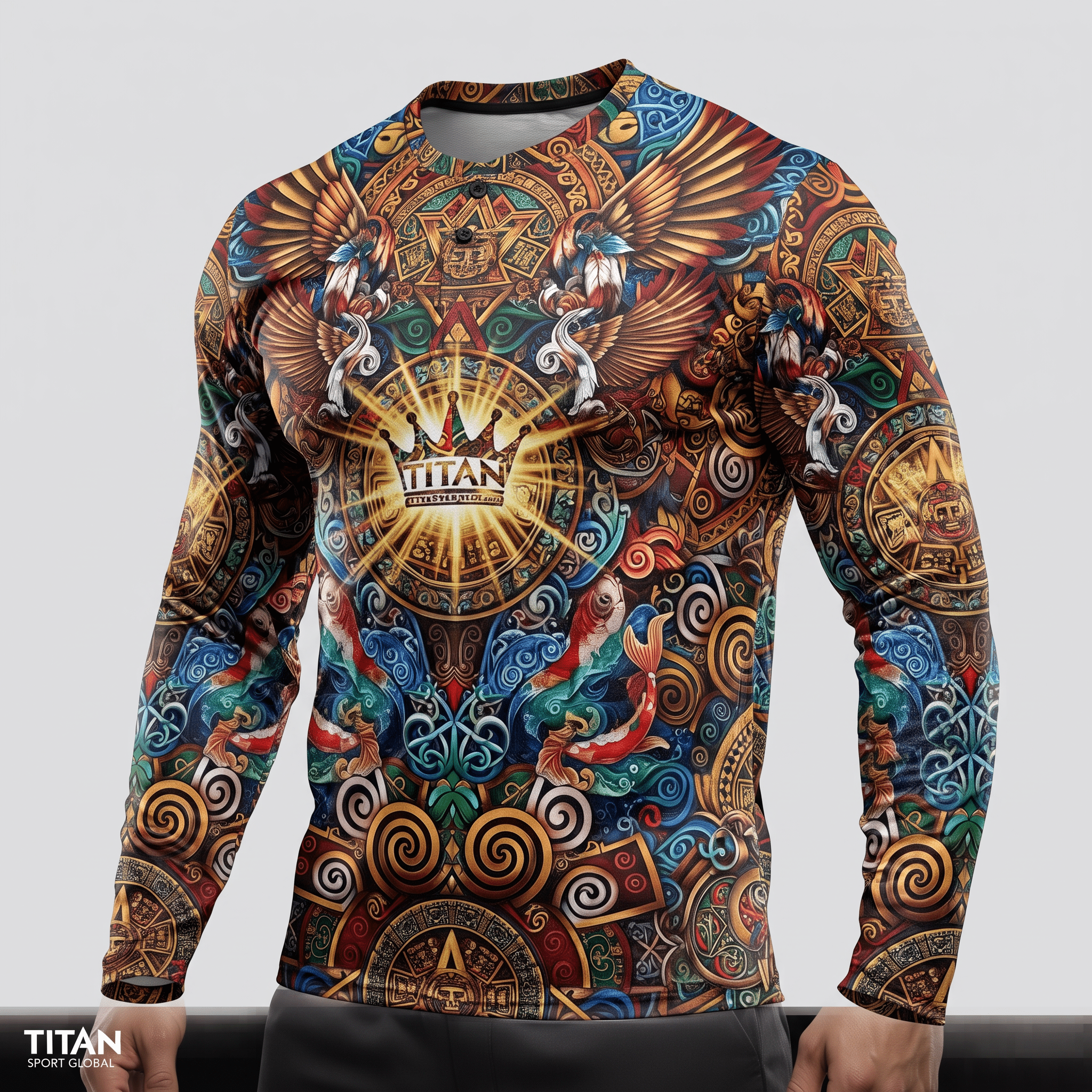 Multicolor long-sleeve rash guard featuring an ornate ancient-style graphic print with winged creatures and a glowing crown logo.