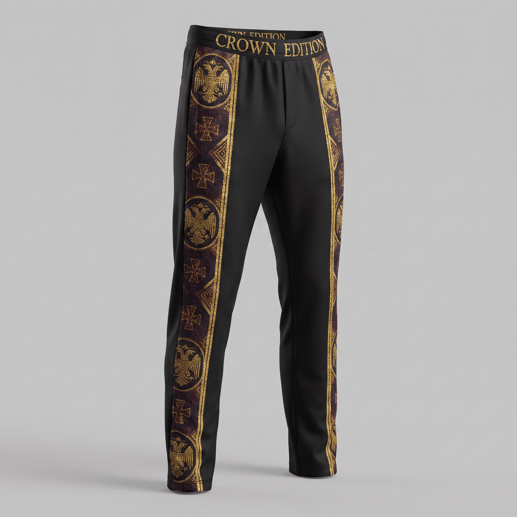 Black sweatpants with gold double-headed eagle side panels and Crown Edition waistband.