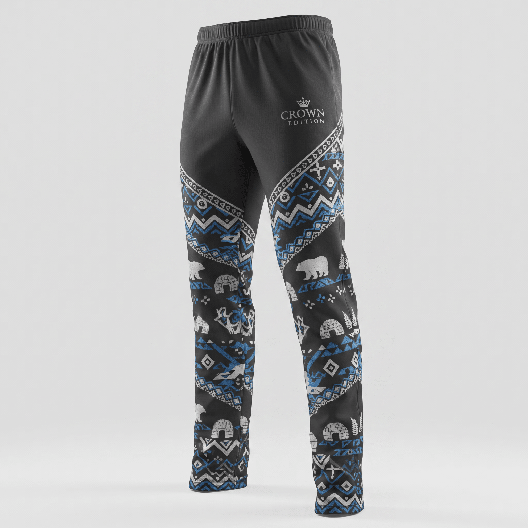 Black athletic pants with blue and white polar bear, igloo, and geometric winter patterns.