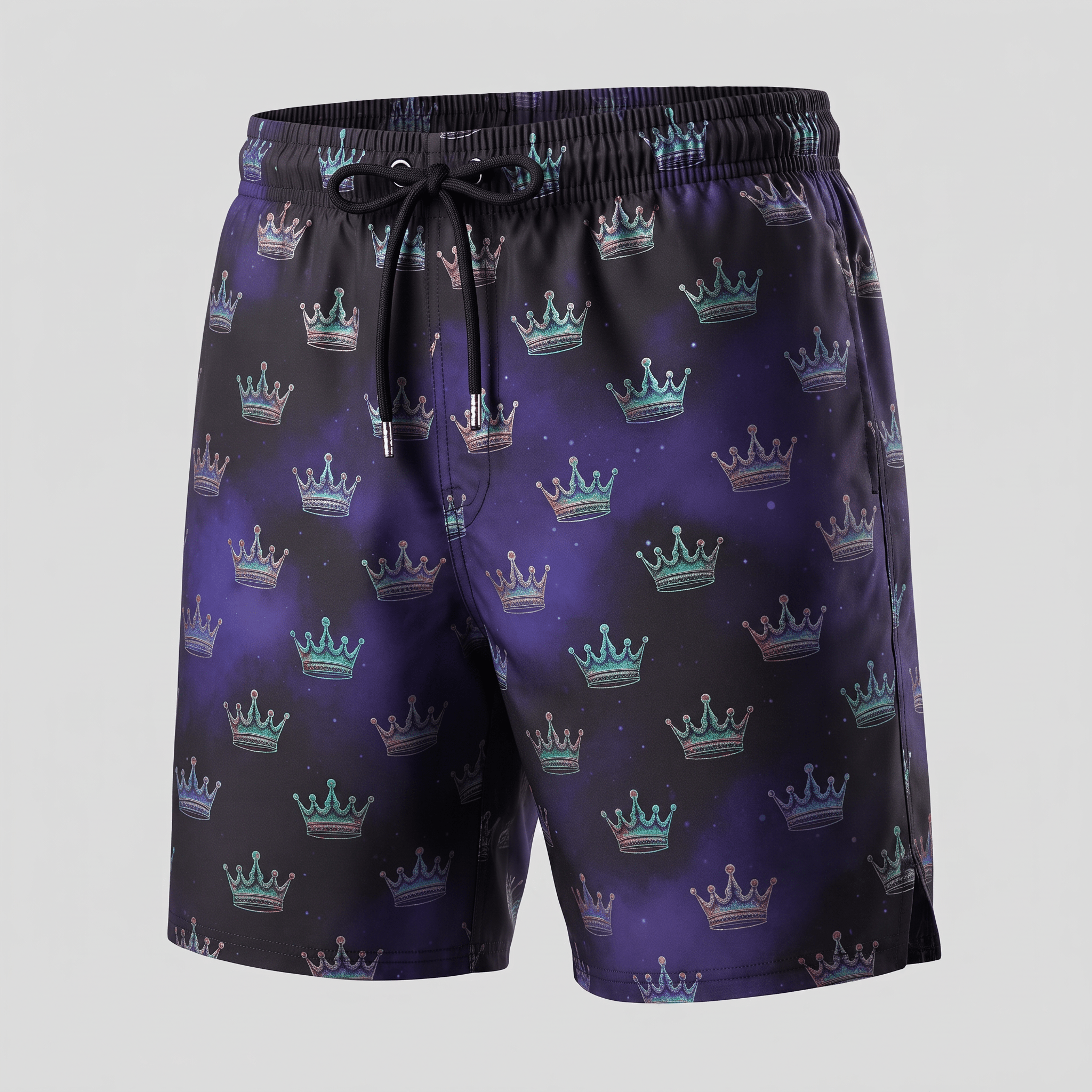 Black swim trunks featuring an all-over iridescent crown pattern and a black drawstring waistband.
